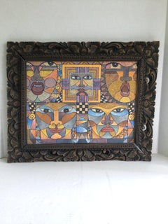 1990s Framed Oil Painting on Canvas of Faces