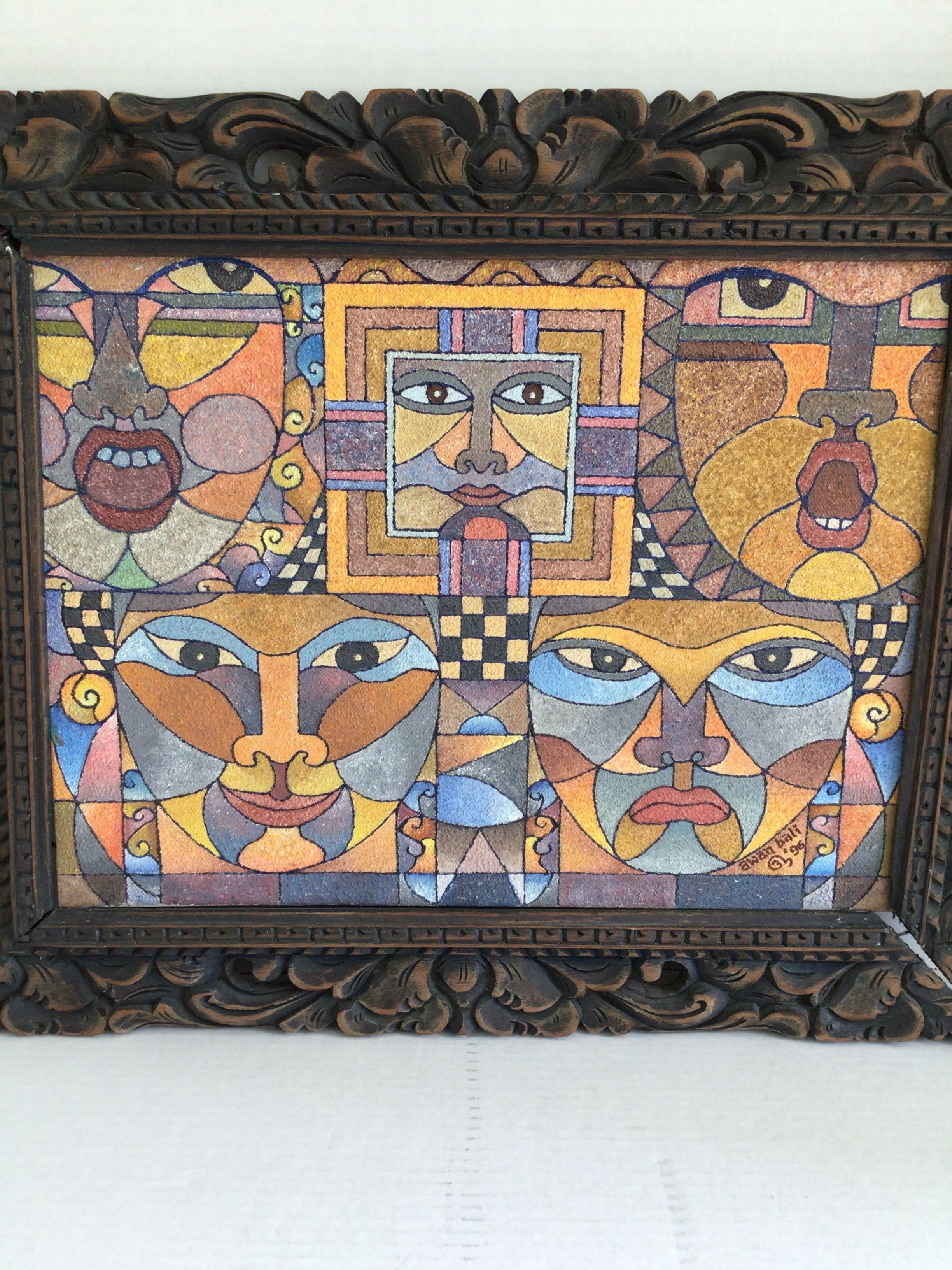 Carved 1990s Framed Oil Painting on Canvas of Faces For Sale