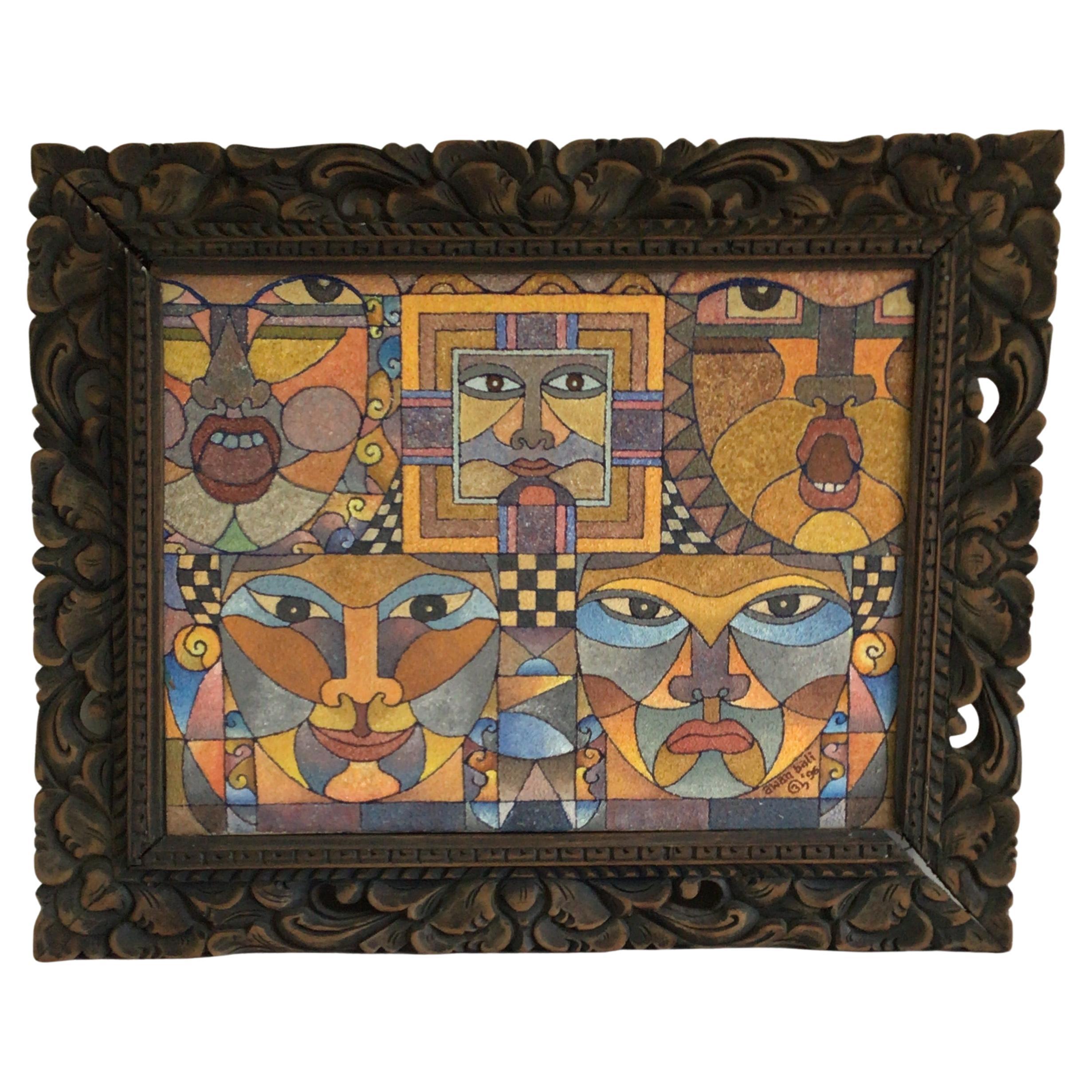 1990s Framed Oil Painting on Canvas of Faces