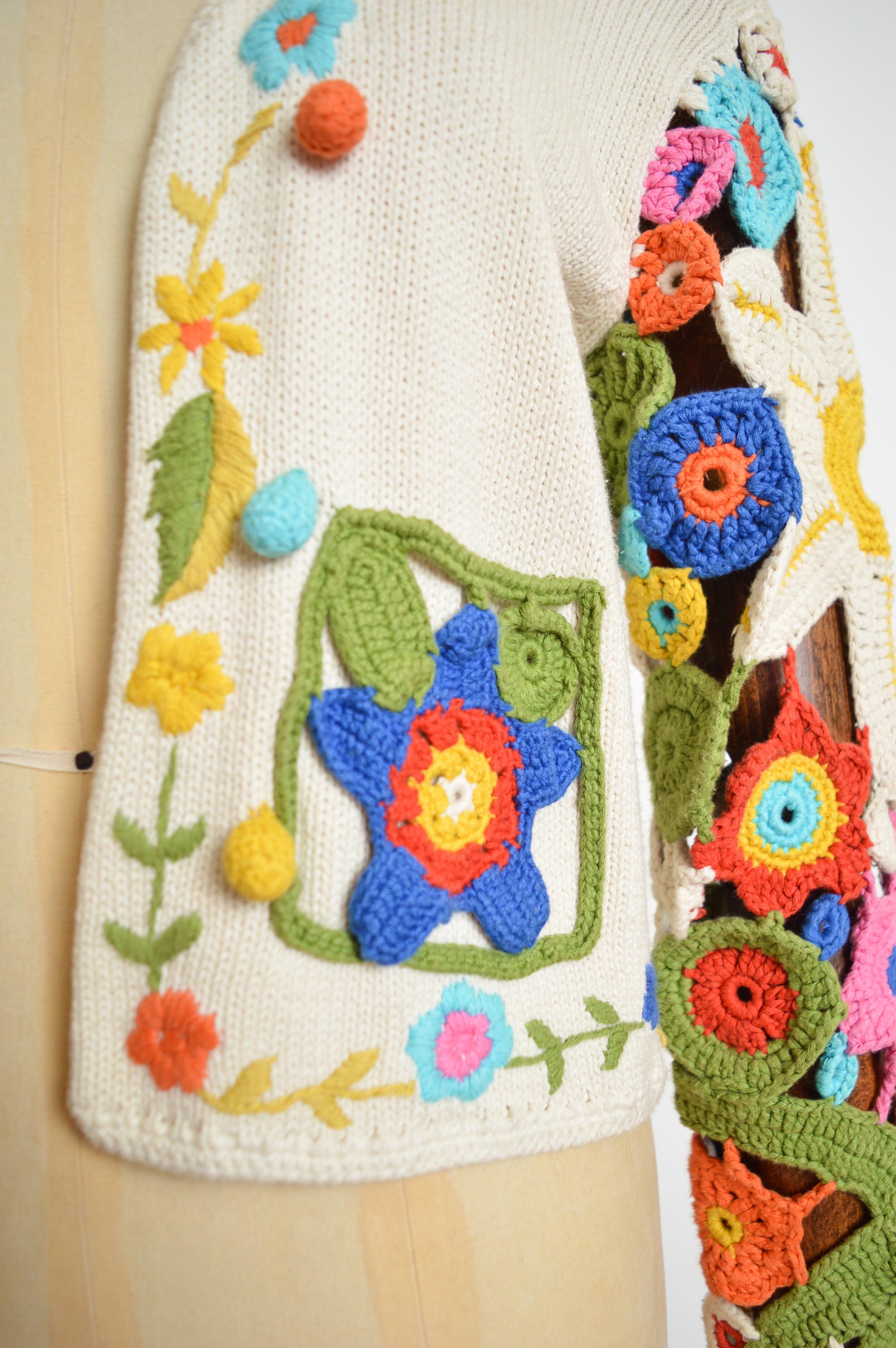 1990's Franco Moschino Floral Crochet Knit Open Cardigan - Colourful Sweater For Sale 5