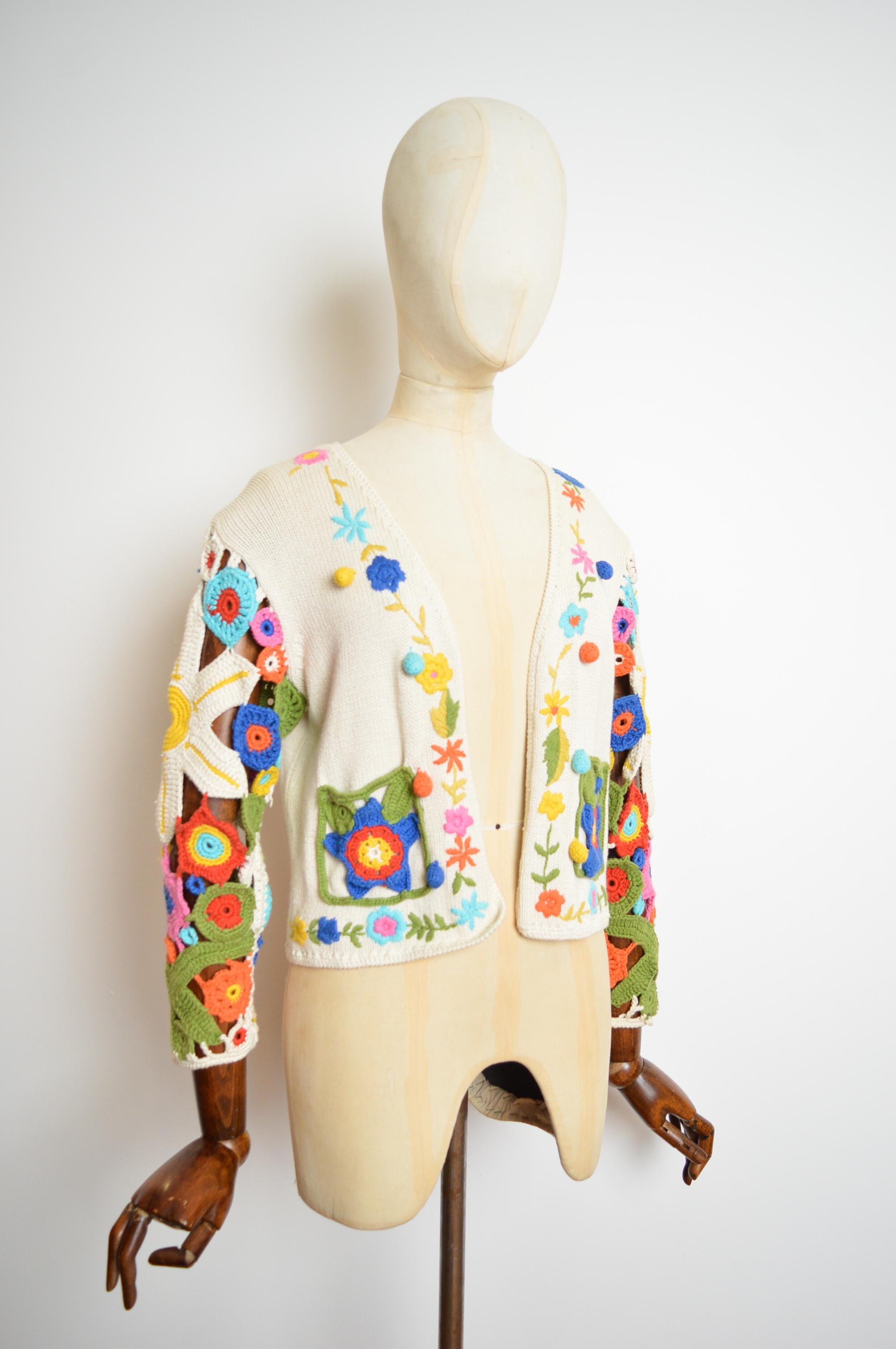 1990's Franco Moschino Floral Crochet Knit Open Cardigan - Colourful Sweater For Sale 6