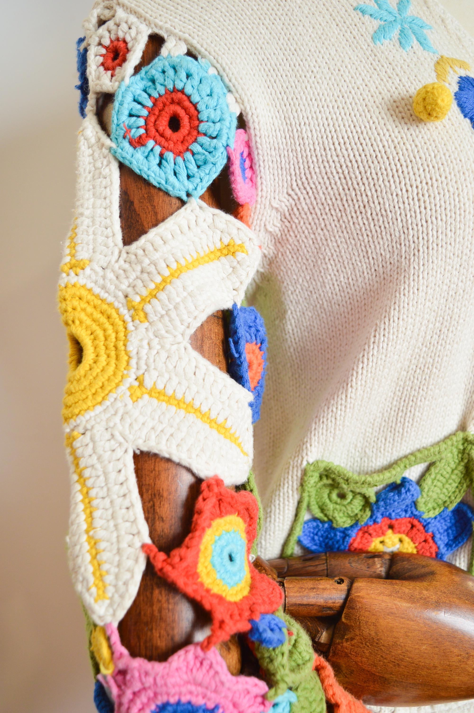 1990's Franco Moschino Floral Crochet Knit Open Cardigan - Colourful Sweater For Sale 7