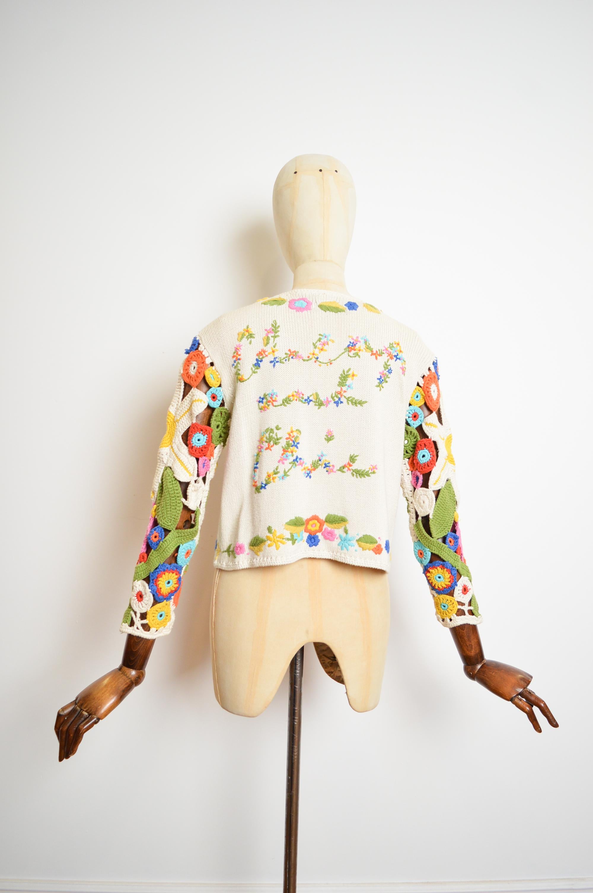 1990's Franco Moschino Floral Crochet Knit Open Cardigan - Colourful Sweater For Sale 8