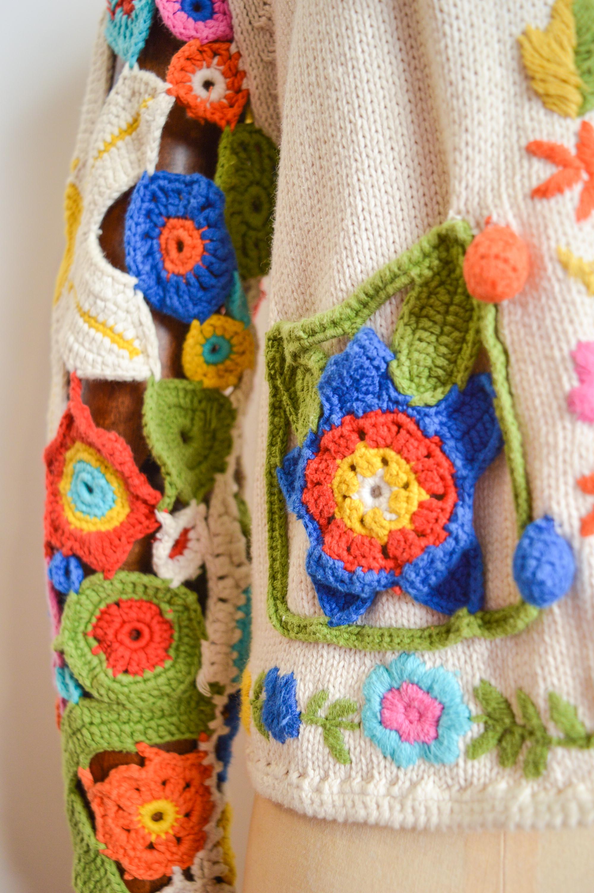 Beige 1990's Franco Moschino Floral Crochet Knit Open Cardigan - Colourful Sweater For Sale