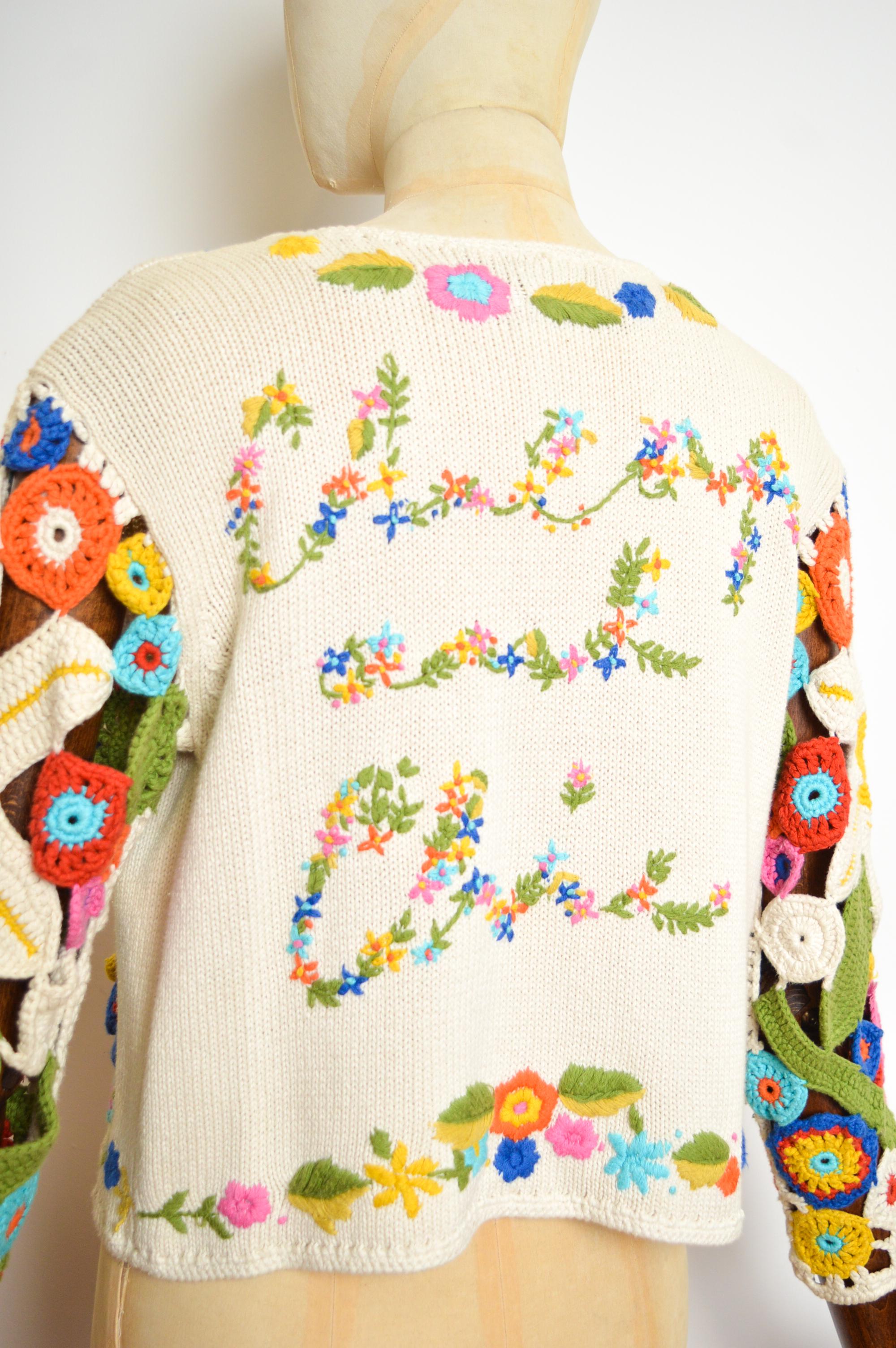 Women's or Men's 1990's Franco Moschino Floral Crochet Knit Open Cardigan - Colourful Sweater For Sale