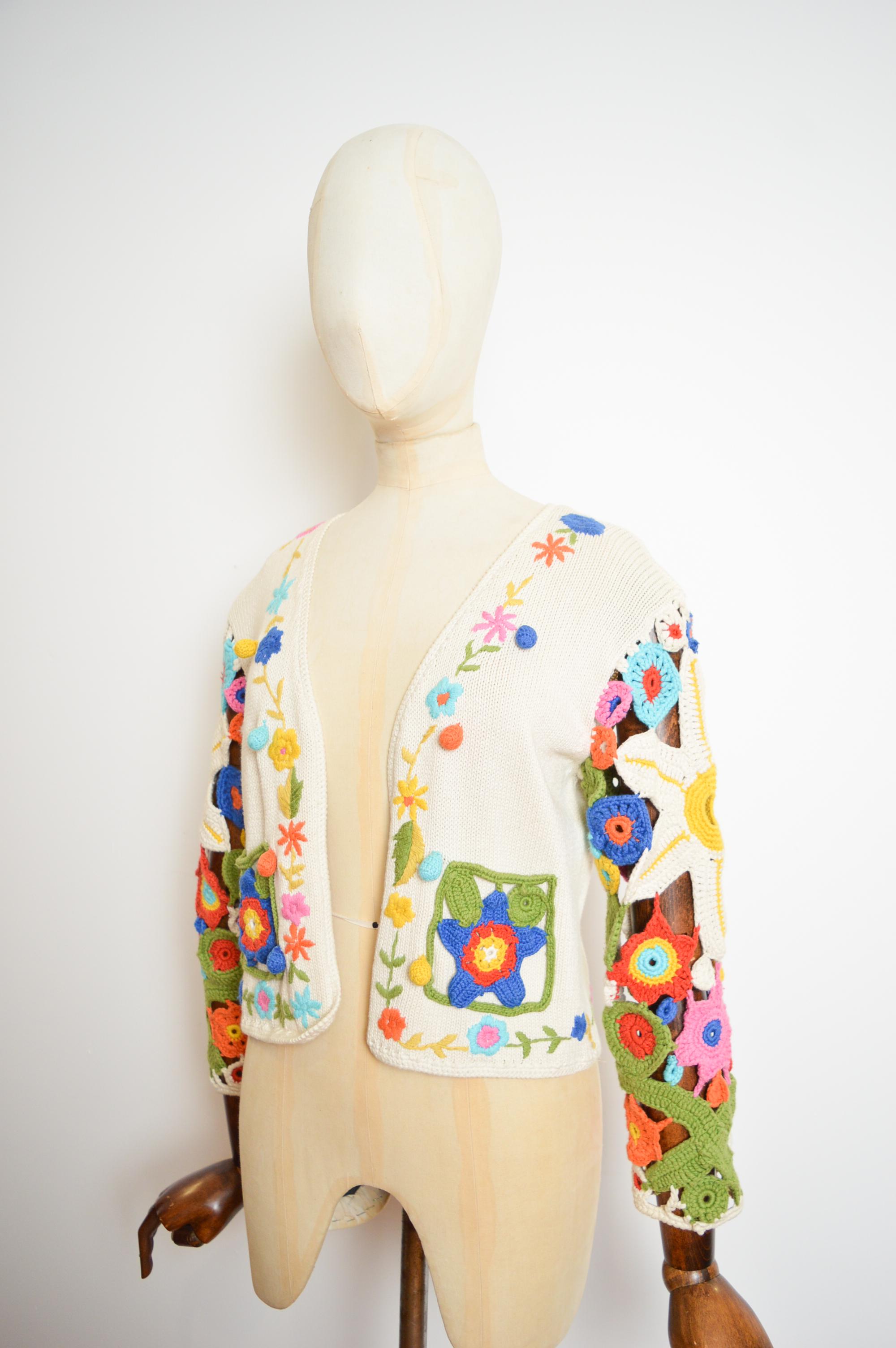 1990's Franco Moschino Floral Crochet Knit Open Cardigan - Colourful Sweater For Sale 1