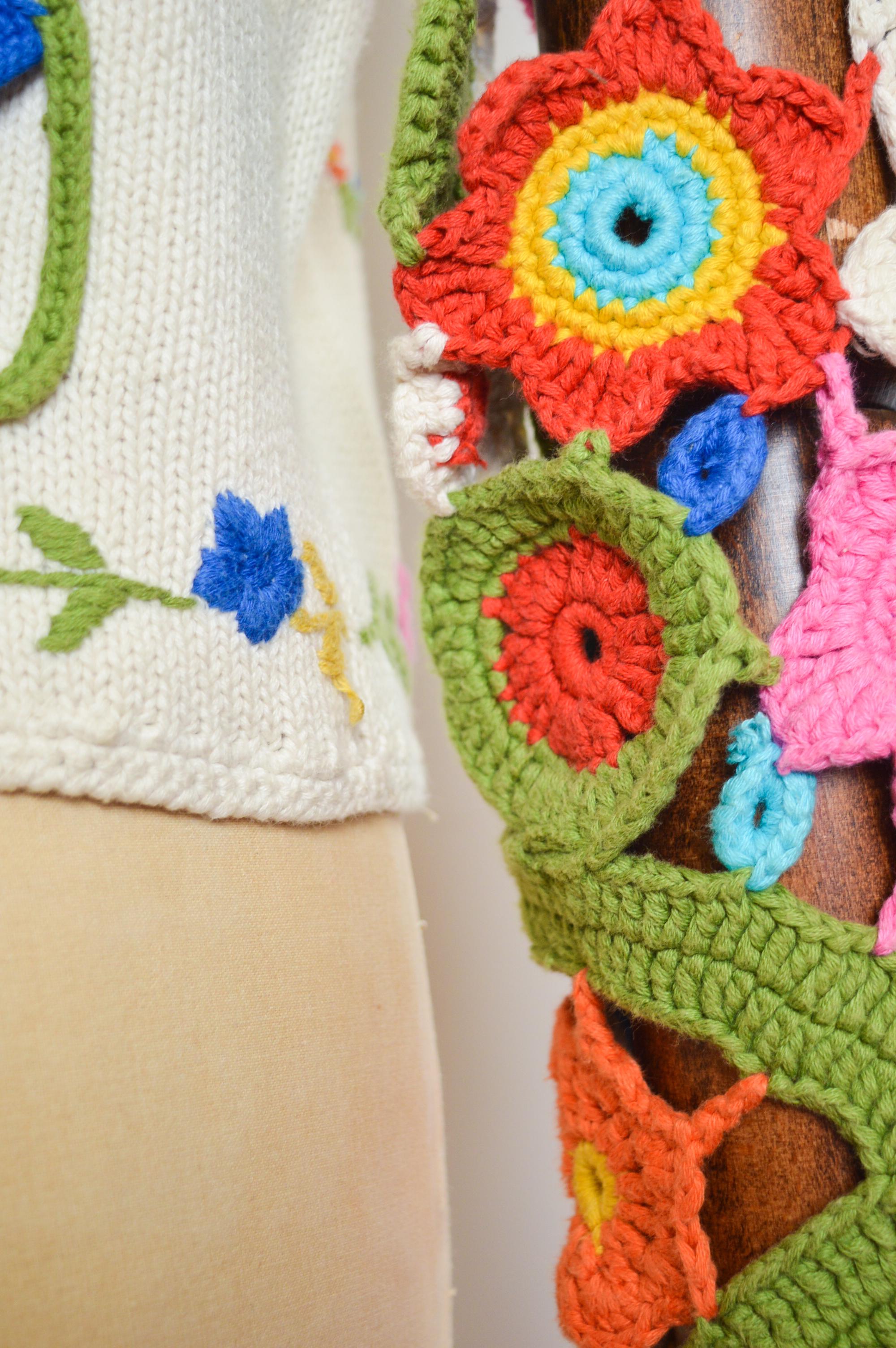 1990's Franco Moschino Floral Crochet Knit Open Cardigan - Colourful Sweater For Sale 3