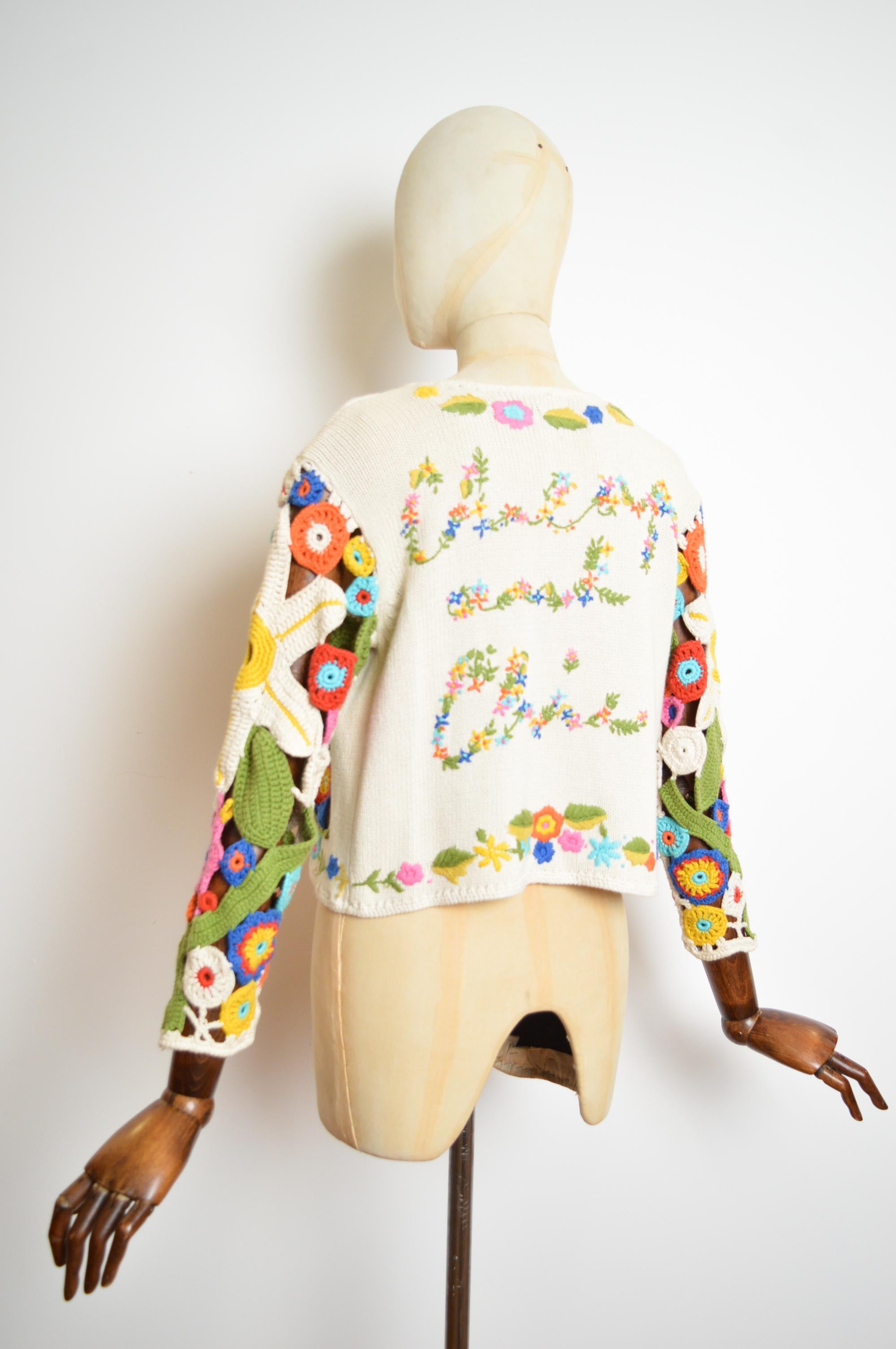 1990's Franco Moschino Floral Crochet Knit Open Cardigan - Colourful Sweater For Sale 4