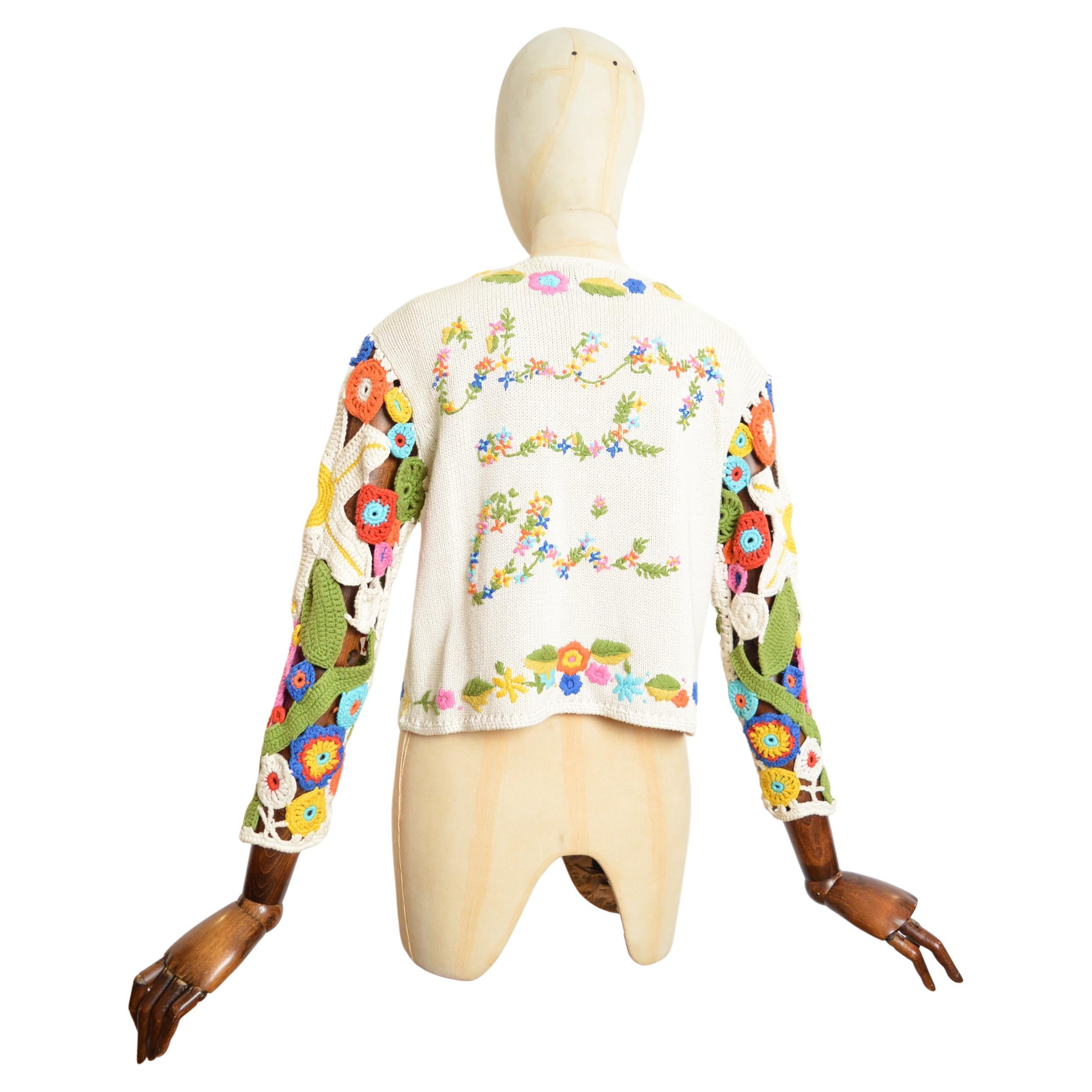 1990's Franco Moschino Floral Crochet Knit Open Cardigan - Colourful Sweater For Sale