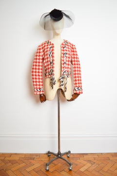 1990's Franco Moschino 'Lady Diana' Red Tweed Houndstooth Cropped Boucle Jacket
