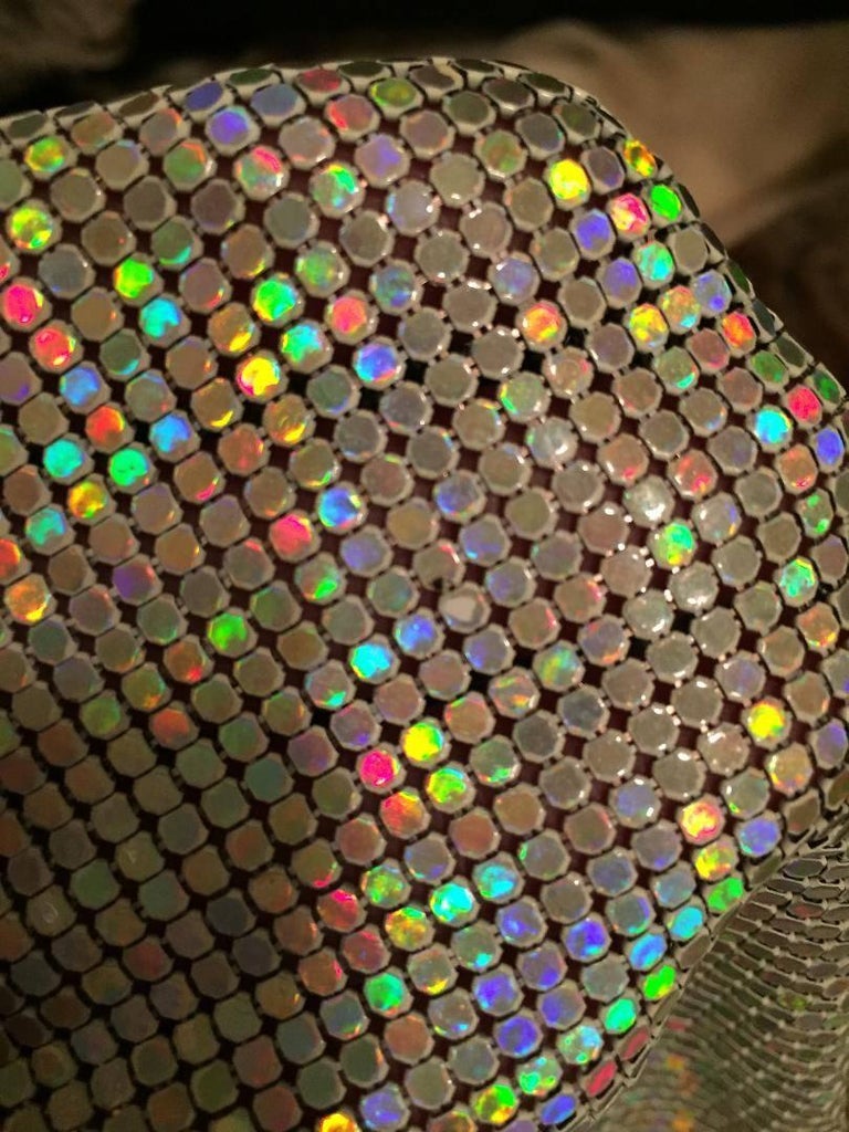 1990's Fred Hayman Silver Rainbow Metal Chainmail Halter Micro Mini