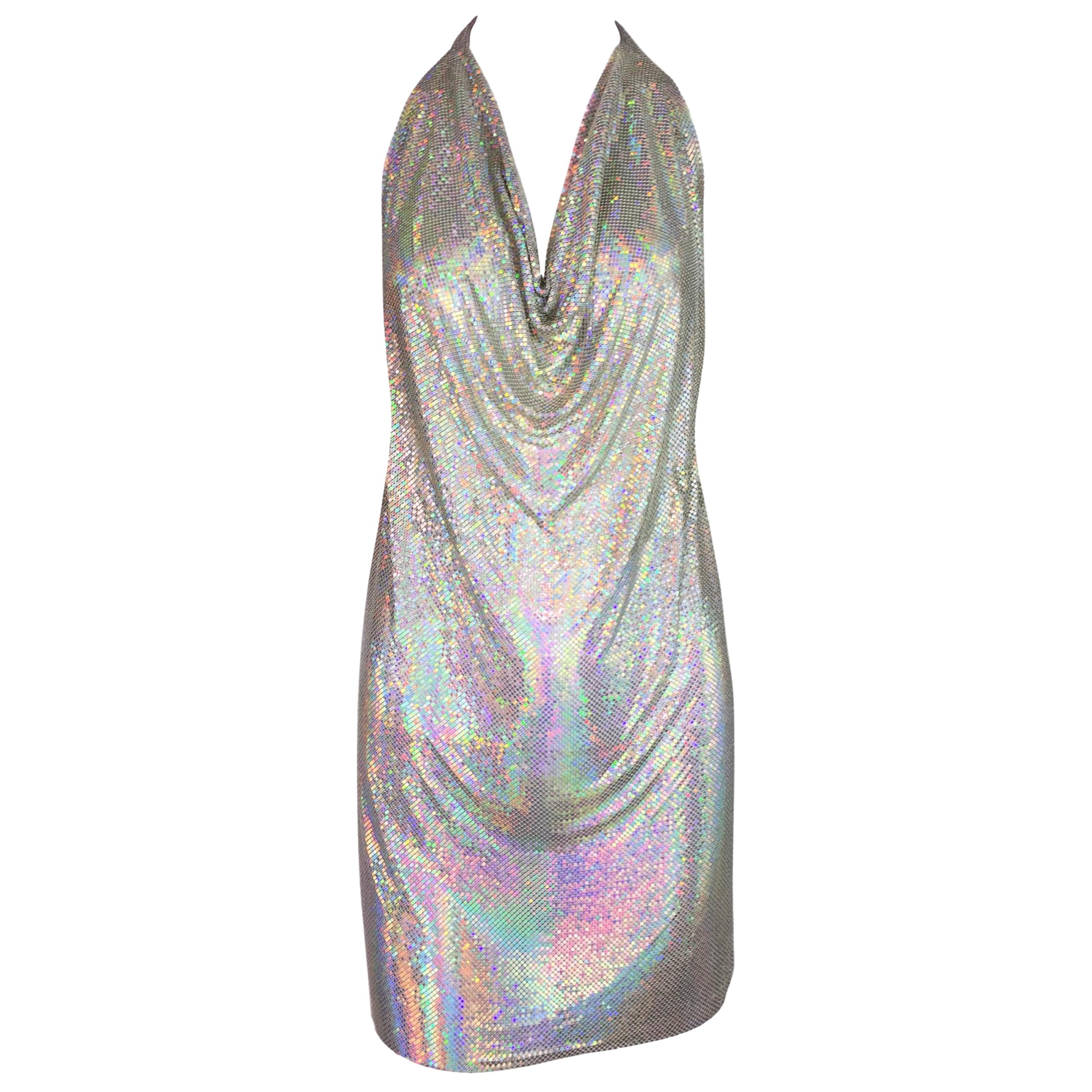 1990's Fred Hayman Silver Rainbow Metal Chainmail Halter Micro Mini Dress