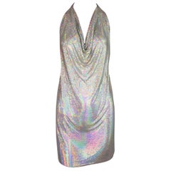 1990's Fred Hayman Silver Rainbow Metal Chainmail Halter Micro Mini Dress