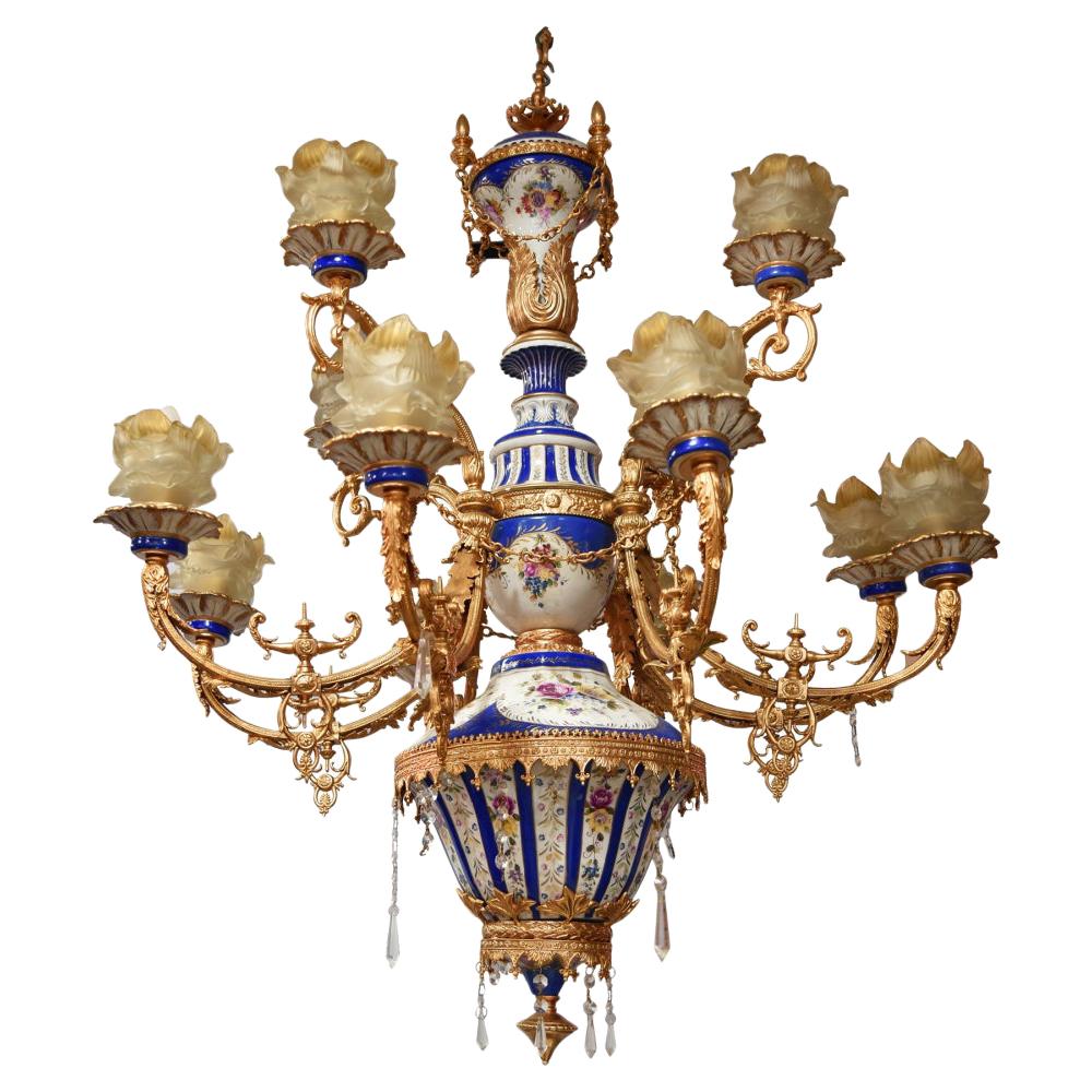 1990s French 10 Bronze Arms Porcelain and Glass Ceiling Chandelier For Sale