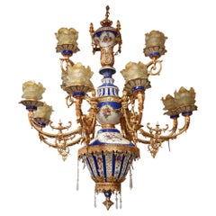 Vintage 1990s French 10 Bronze Arms Porcelain and Glass Ceiling Chandelier