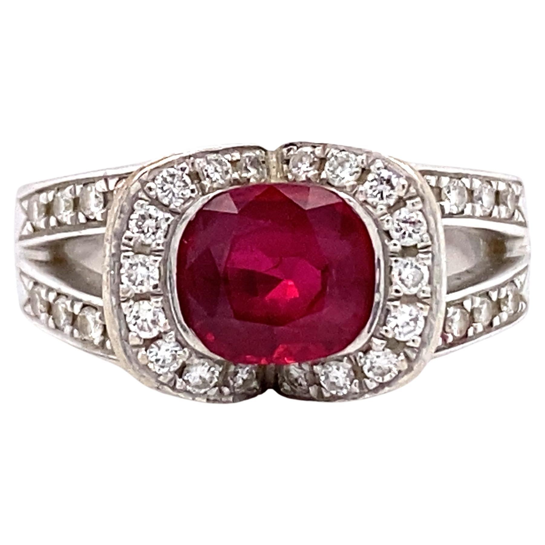 1990s French 1.20 Carat Oval Ruby and Diamond Ring in Platinum