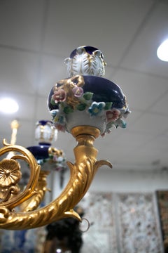 1990s French 8 Bronze Arm Porcelain and Glass Ceiling Chandelier