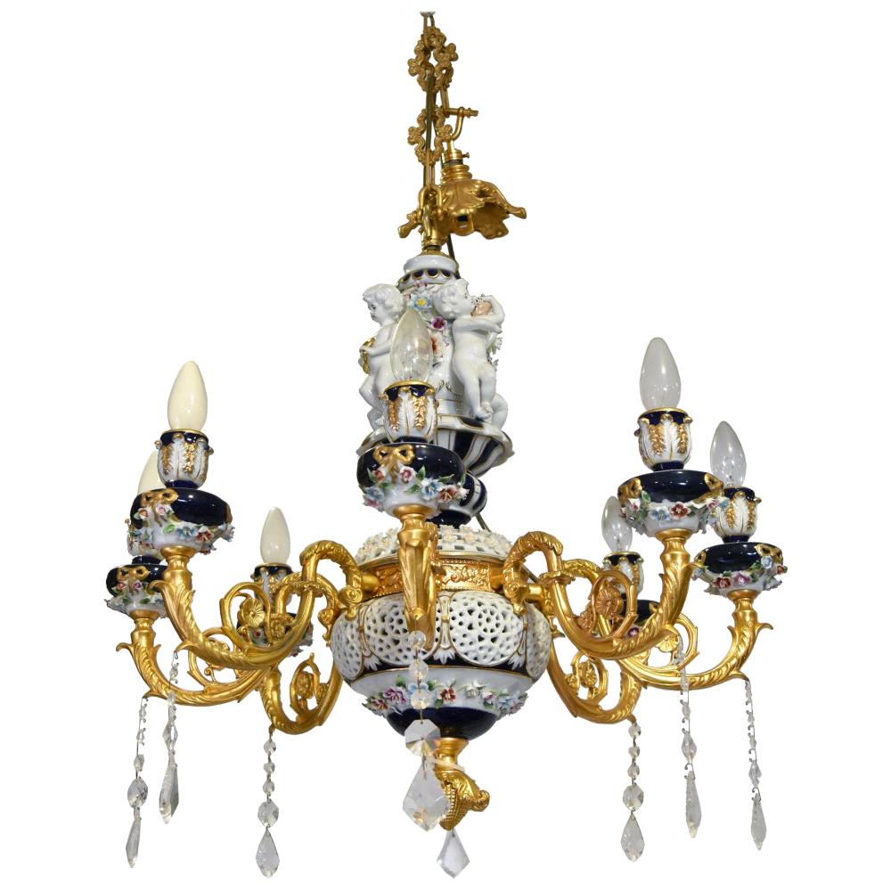 1990s French 8 Bronze Arm Porcelain and Glass Ceiling Chandelier