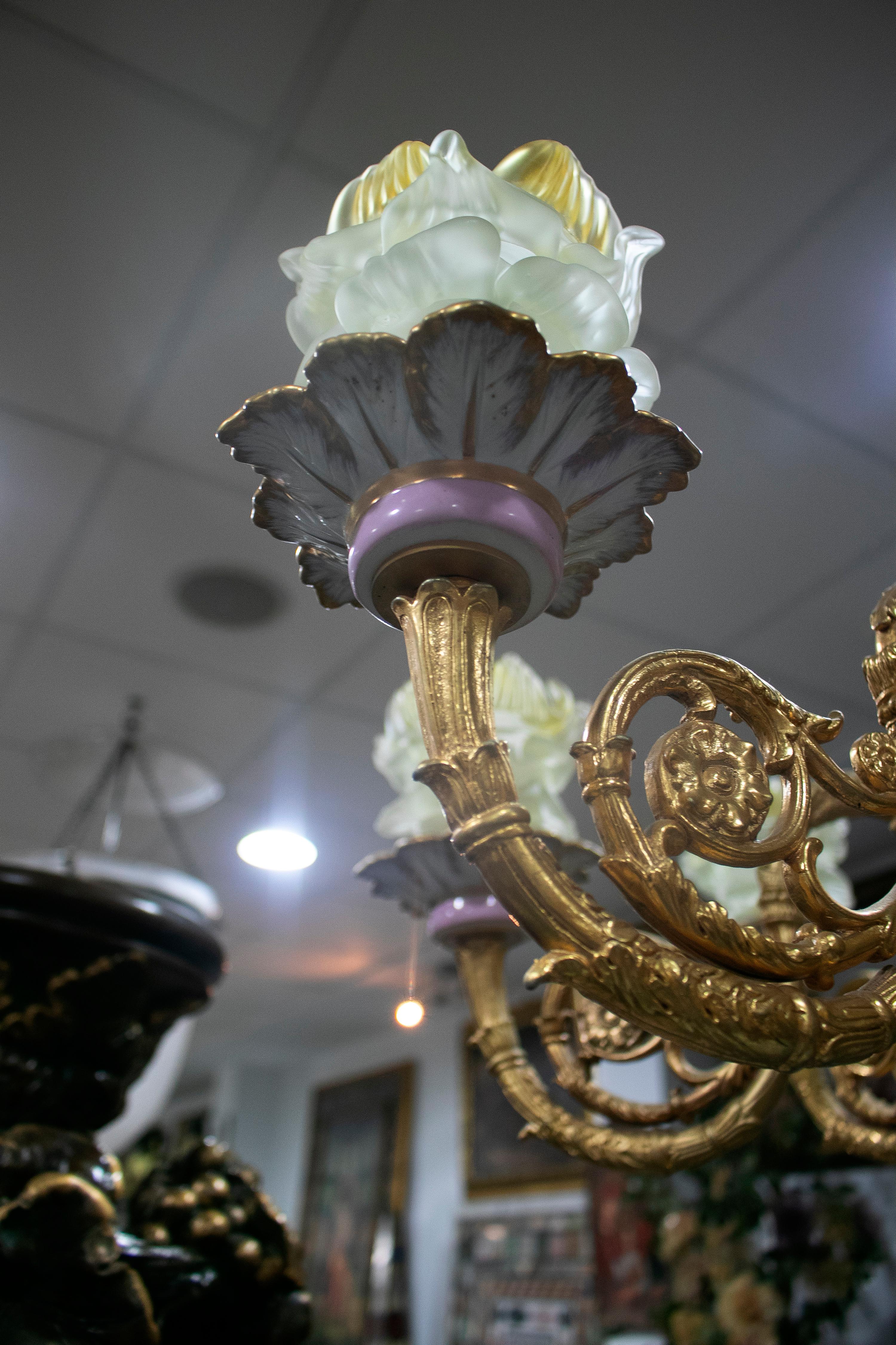 20th Century 1990s French 8 Bronze Arms Porcelain and Glass Ceiling Chandelier For Sale