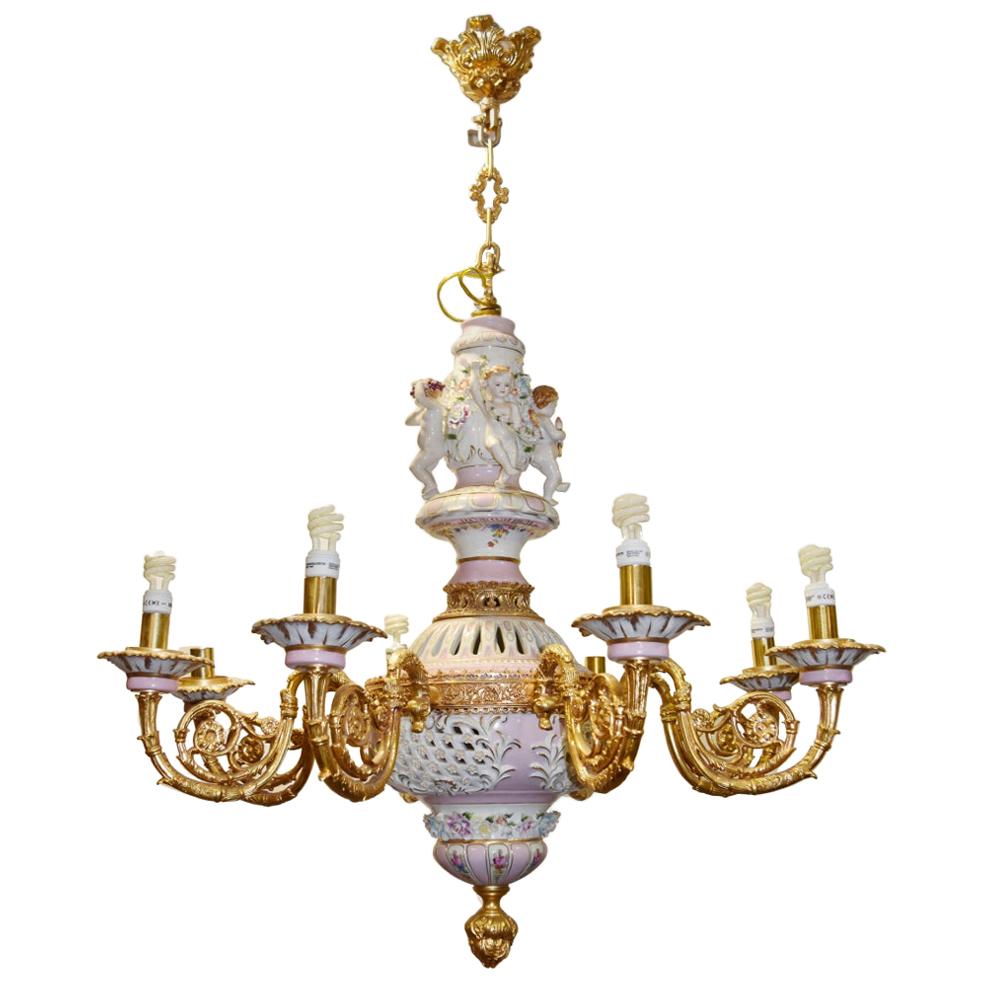 1990s French 8 Bronze Arms Porcelain and Glass Ceiling Chandelier