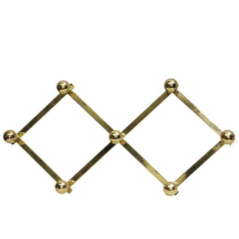 1990s French Brass Accordion Wall Rack With Seven Ball Hooks At