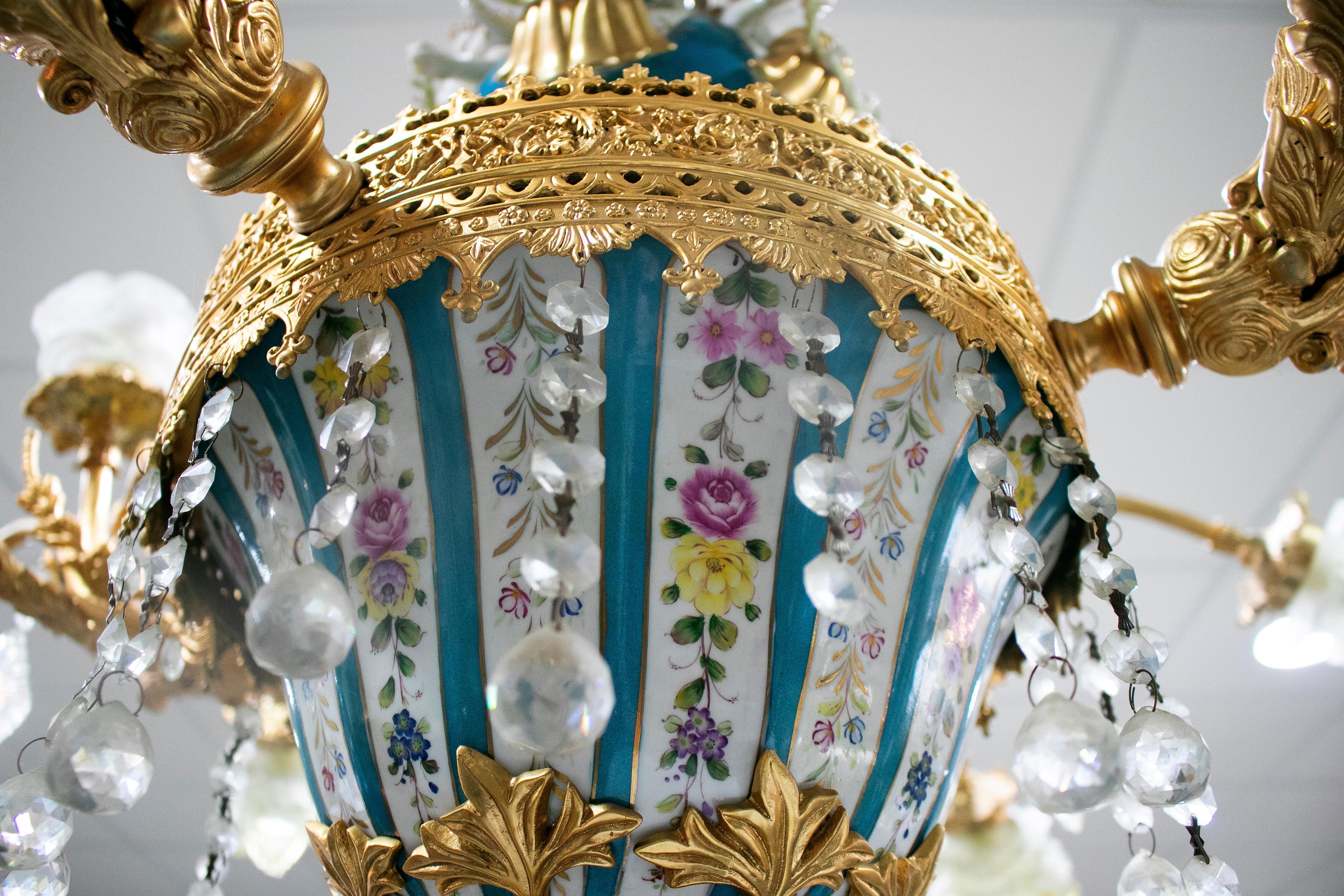 1990s French Bronze, Porcelain and Glass Ceiling Chandelier For Sale 11