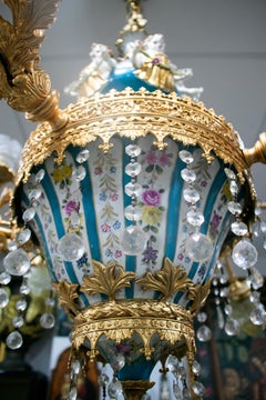 1990s French Bronze, Porcelain and Glass Ceiling Chandelier
