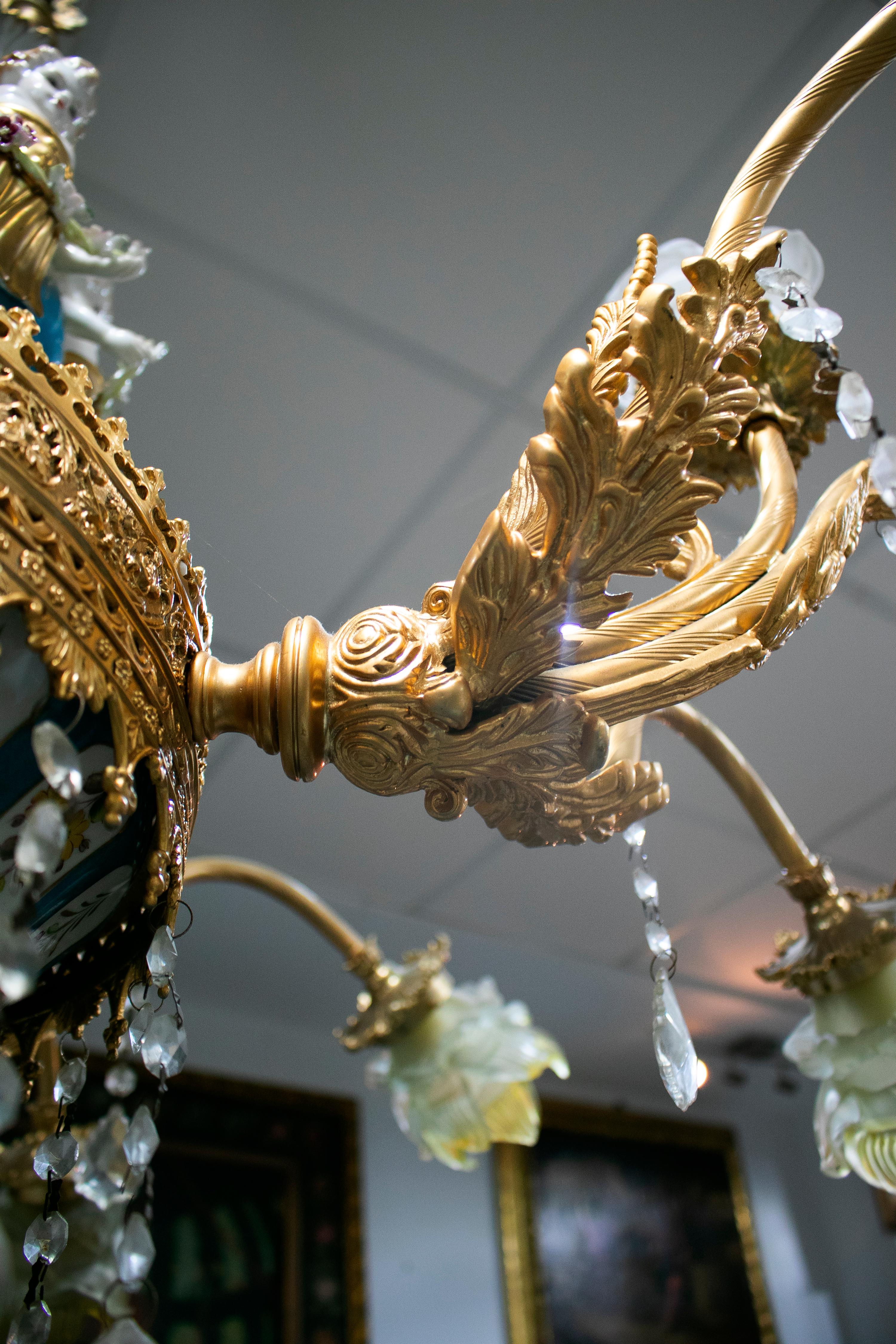 20th Century 1990s French Bronze, Porcelain and Glass Ceiling Chandelier For Sale