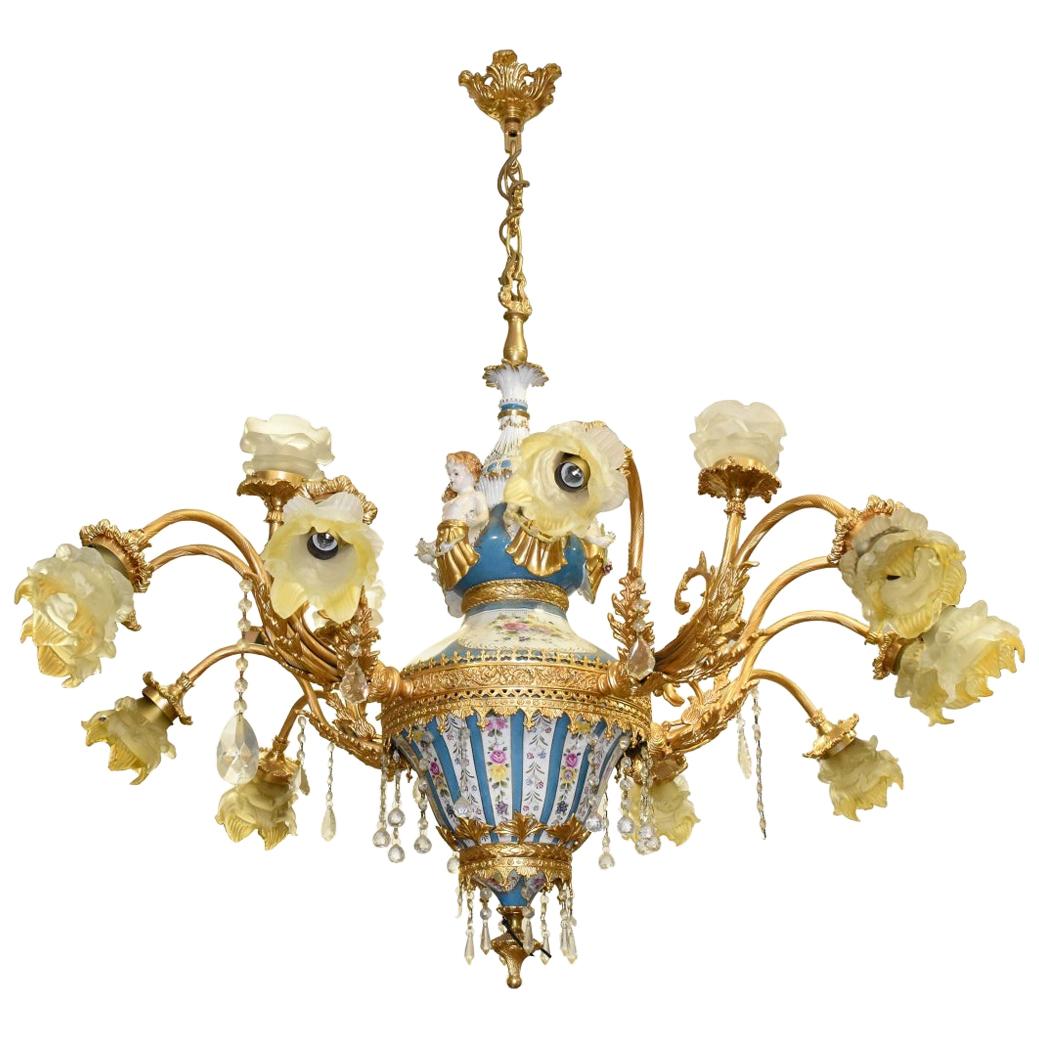 1990s French Bronze, Porcelain and Glass Ceiling Chandelier For Sale