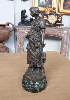 1990s French Bronze Sculpture of a Girl with a Lamb, Signed E. Clérin