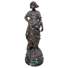 1990s French Bronze Sculpture of a Girl with a Lamb, Signed E. Clérin