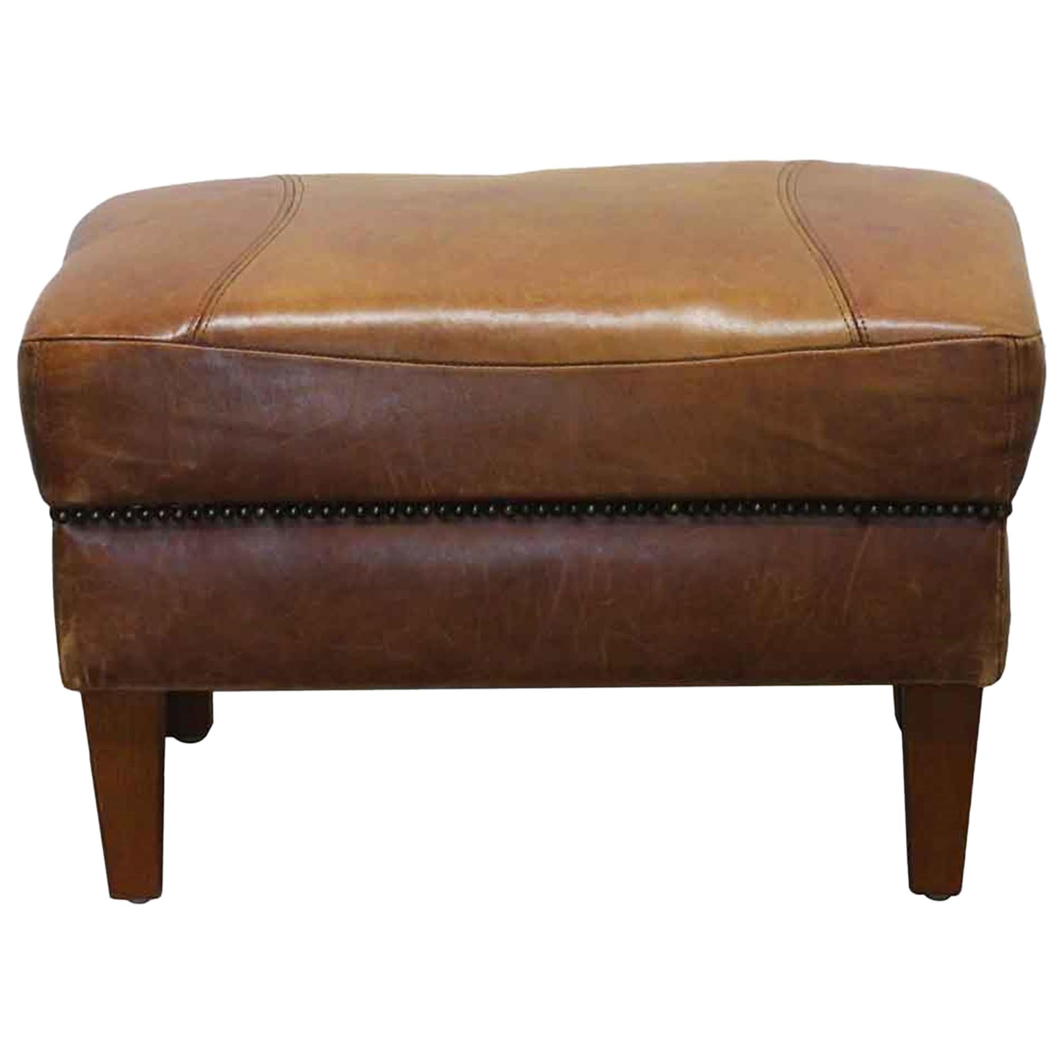 1990s French Brown Leather Footrest With Studded Detail Accents For Sale At 1stdibs