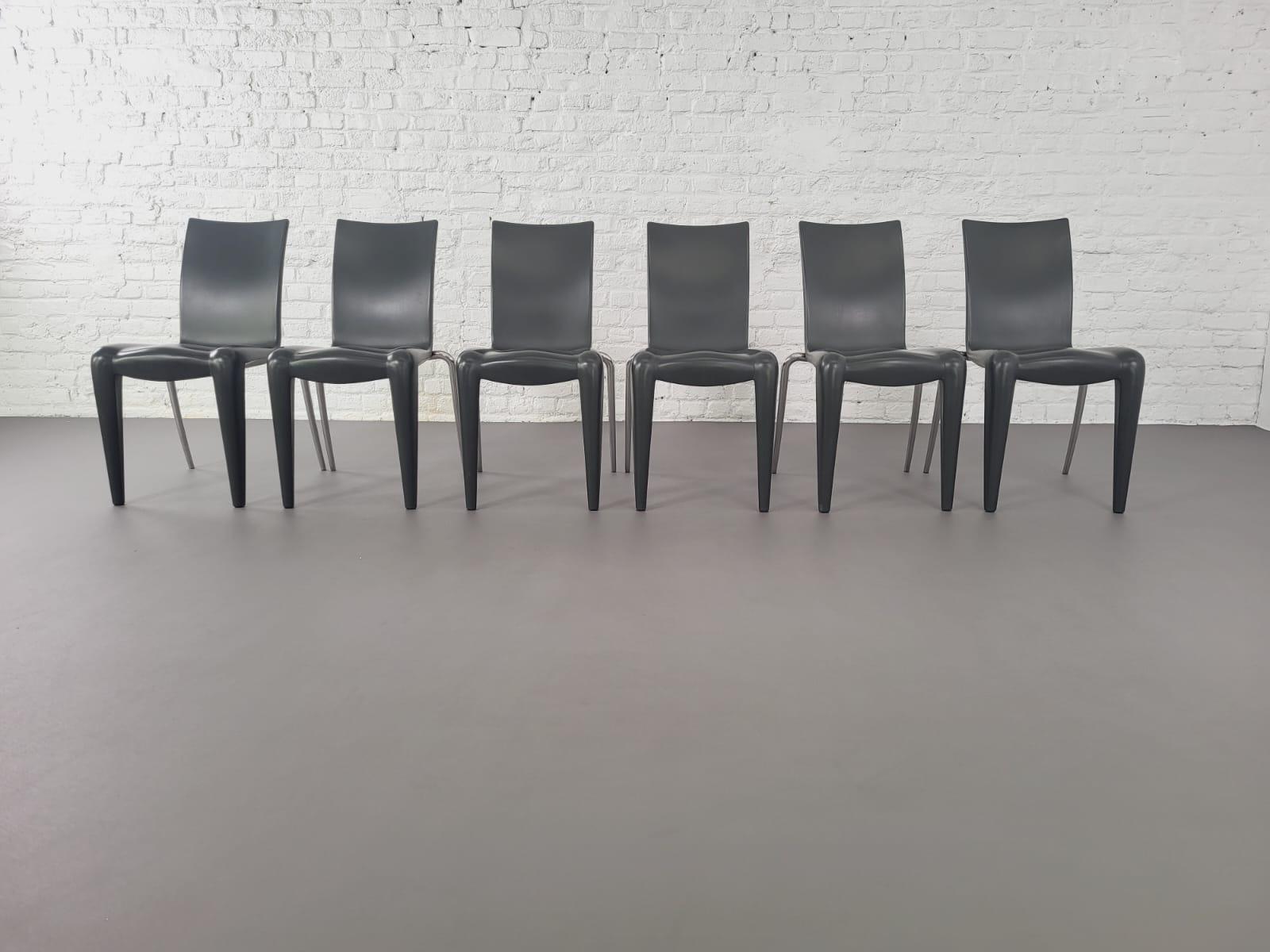 1990s French Design Set of 6 Louis XX Model Chairs by Philippe Starck for Vitra made of blown polypropylene grey color with silver colored back metal feet.