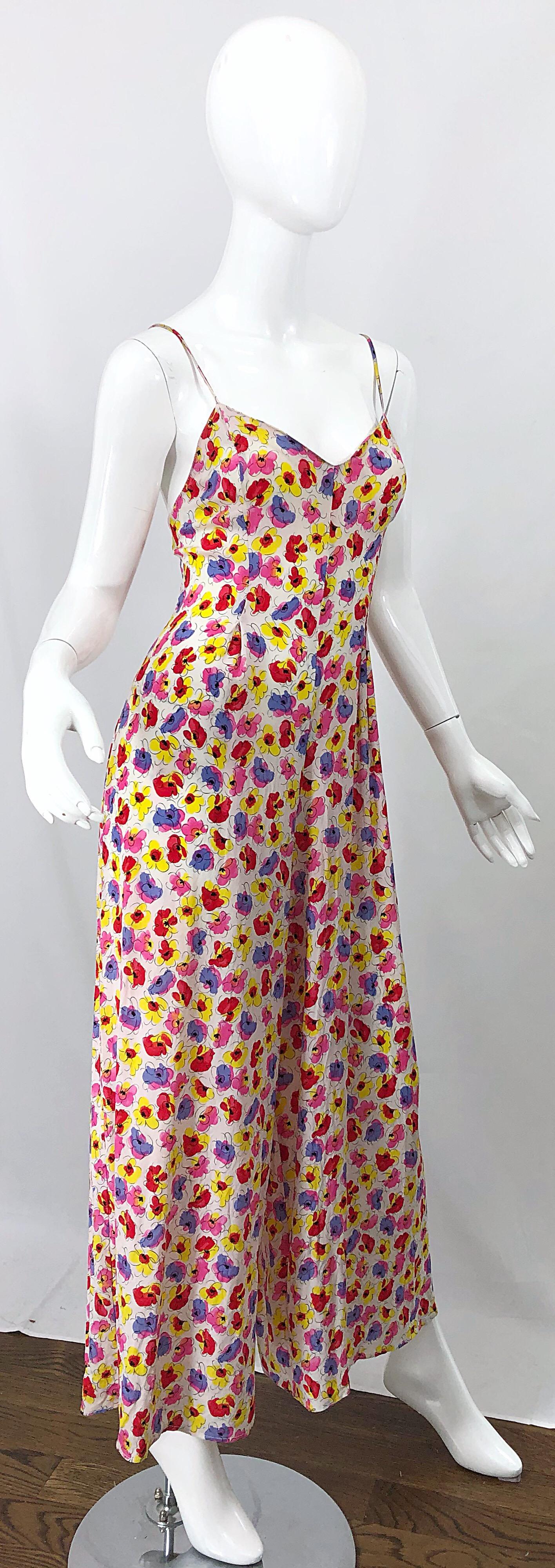 1990s French Designer Pink Purple Yellow Flower Poppy Print Wide Leg Jumpsuit For Sale 3