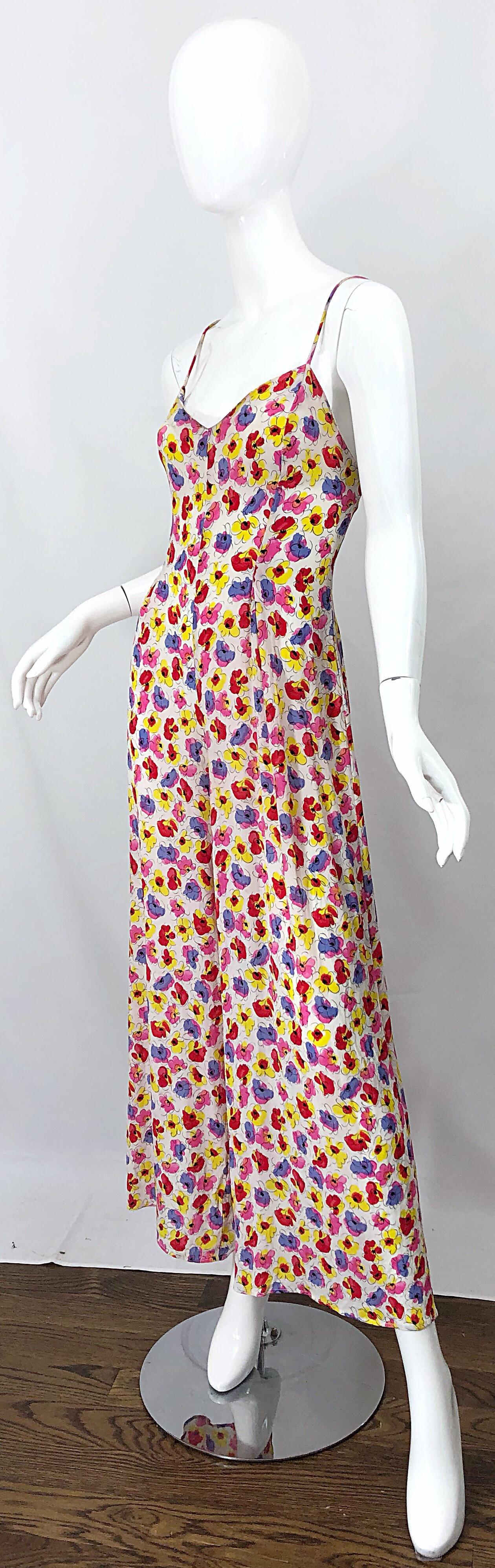 1990s French Designer Pink Purple Yellow Flower Poppy Print Wide Leg Jumpsuit For Sale 4