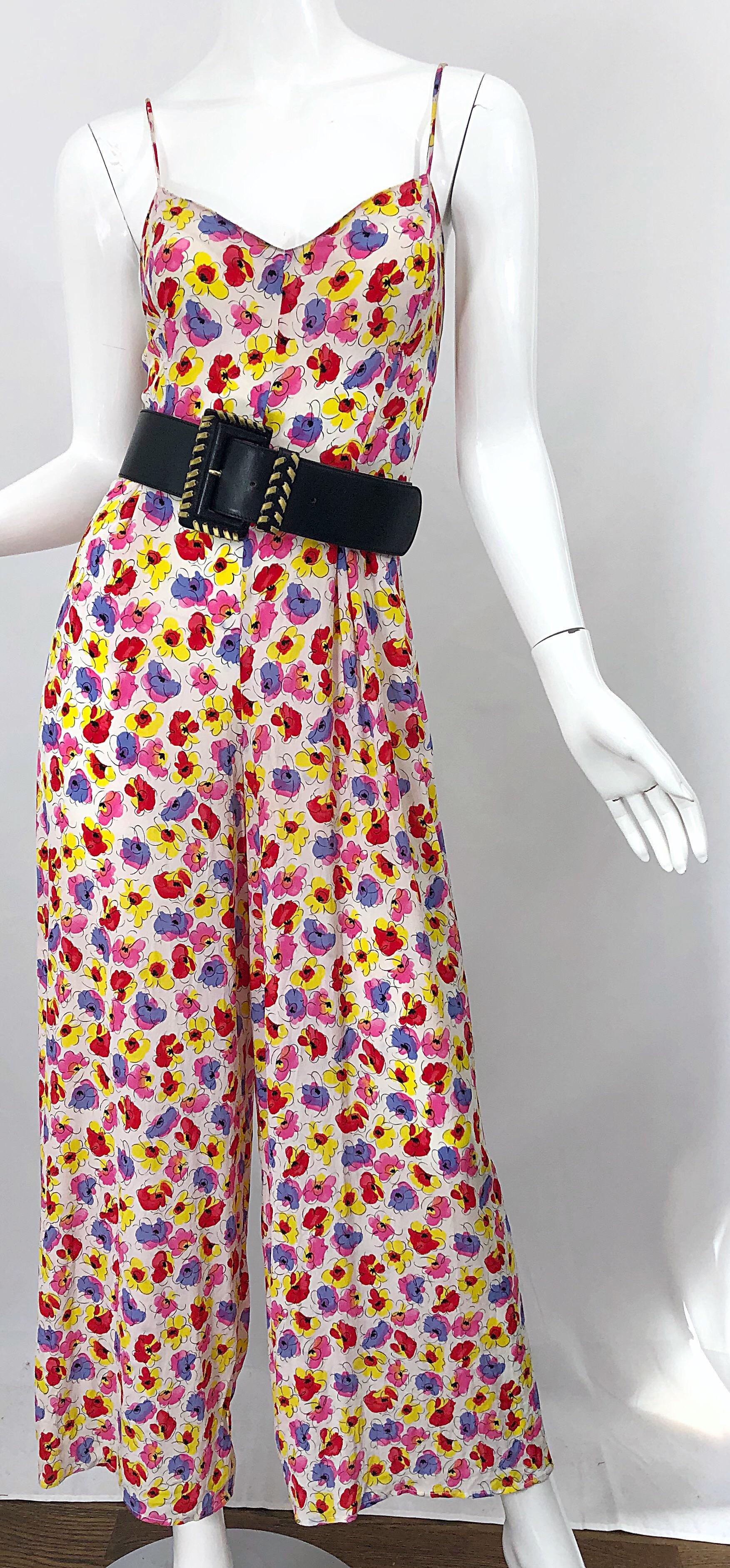 1990s French Designer Pink Purple Yellow Flower Poppy Print Wide Leg Jumpsuit For Sale 5