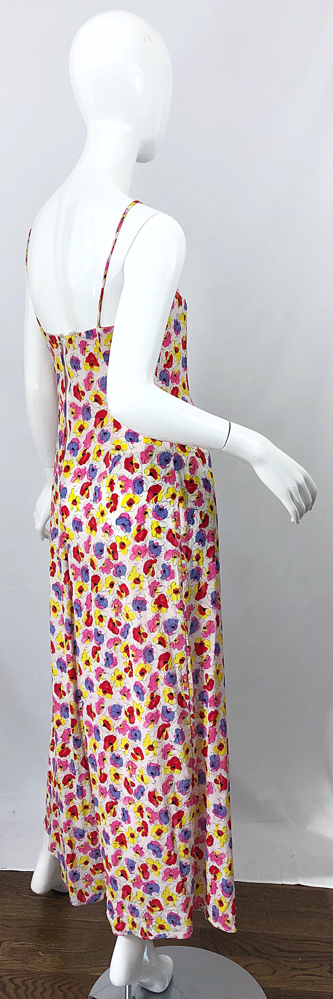 1990s French Designer Pink Purple Yellow Flower Poppy Print Wide Leg Jumpsuit For Sale 6