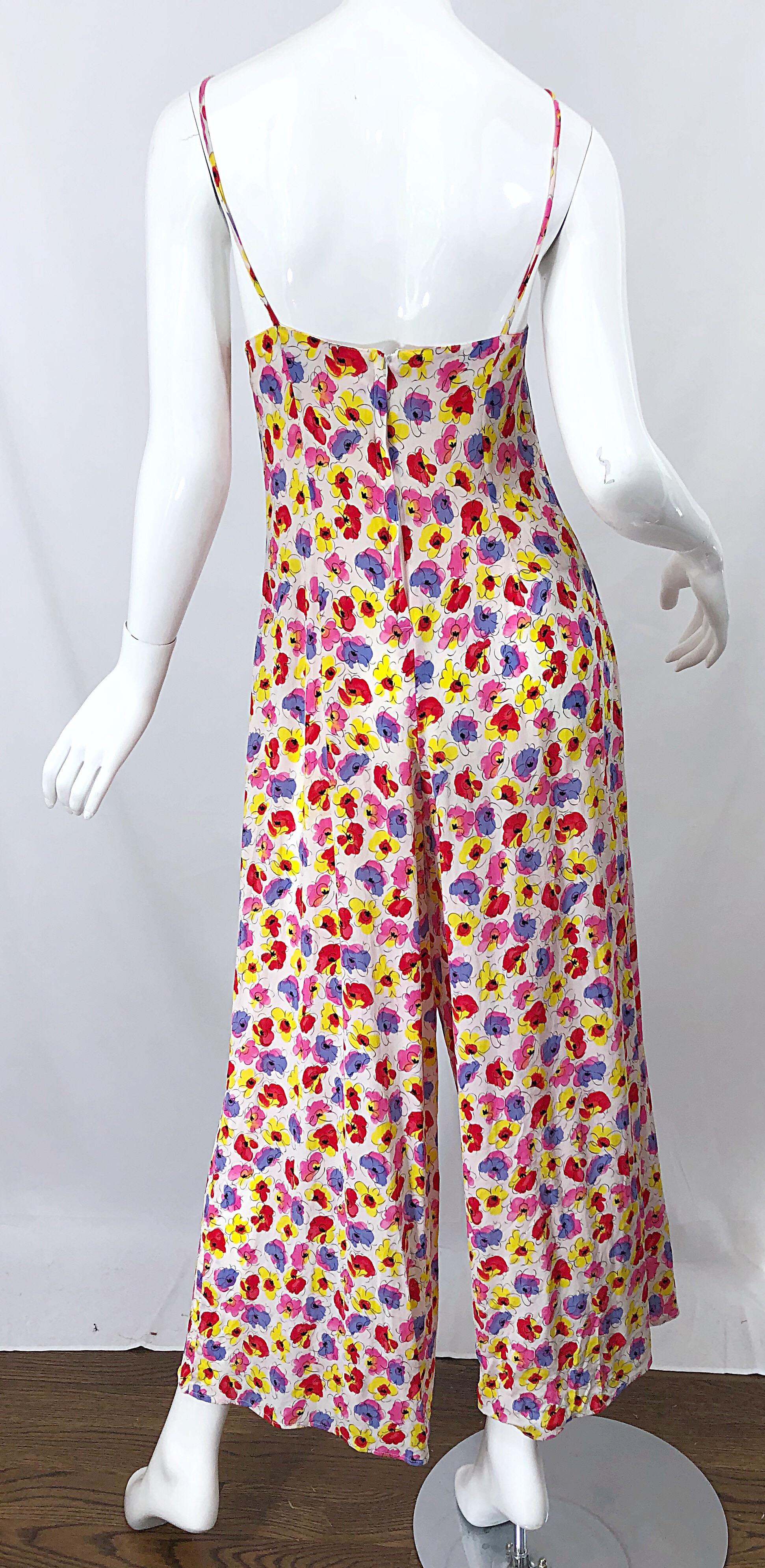 1990s French Designer Pink Purple Yellow Flower Poppy Print Wide Leg Jumpsuit For Sale 7
