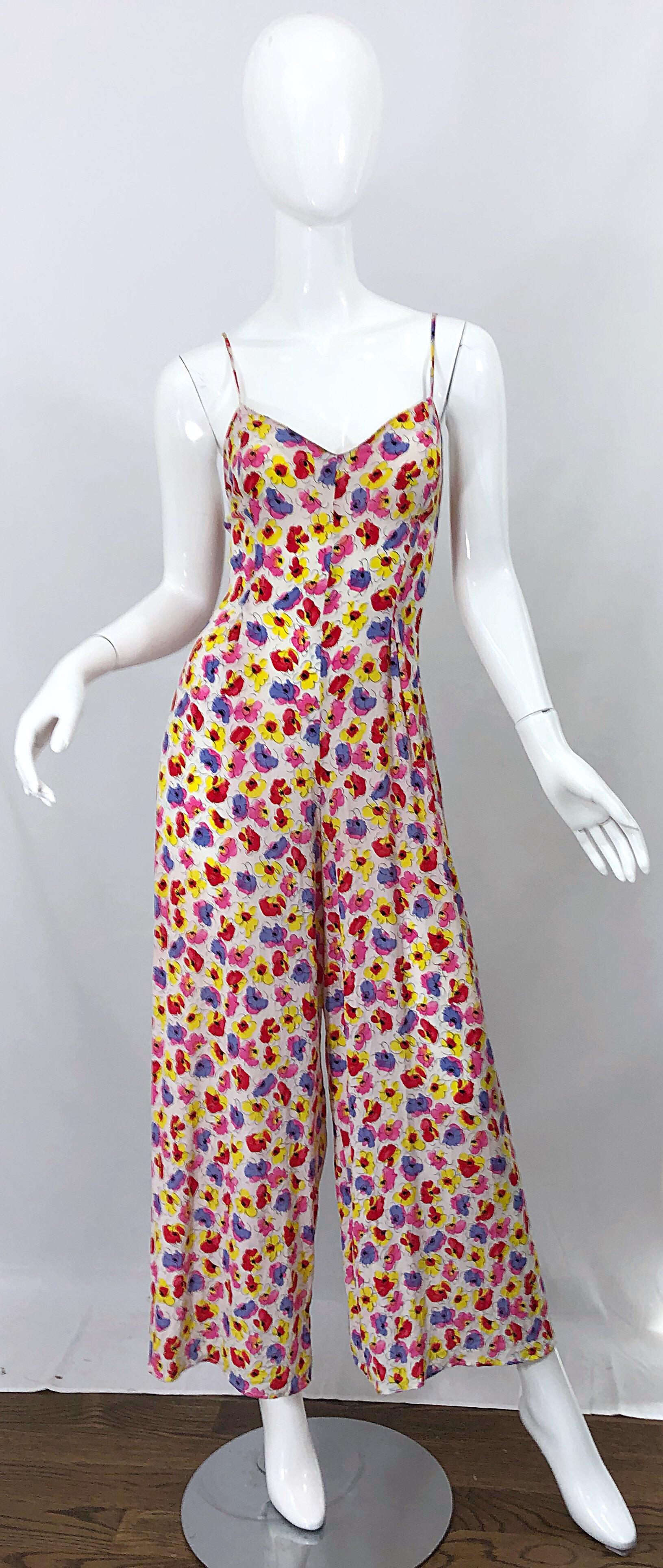 1990s French Designer Pink Purple Yellow Flower Poppy Print Wide Leg Jumpsuit For Sale 8