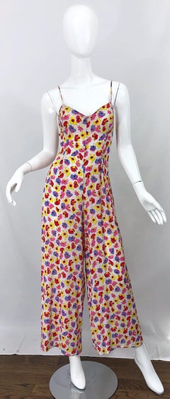 1990s French Designer Pink Purple Yellow Flower Poppy Print Wide Leg Jumpsuit