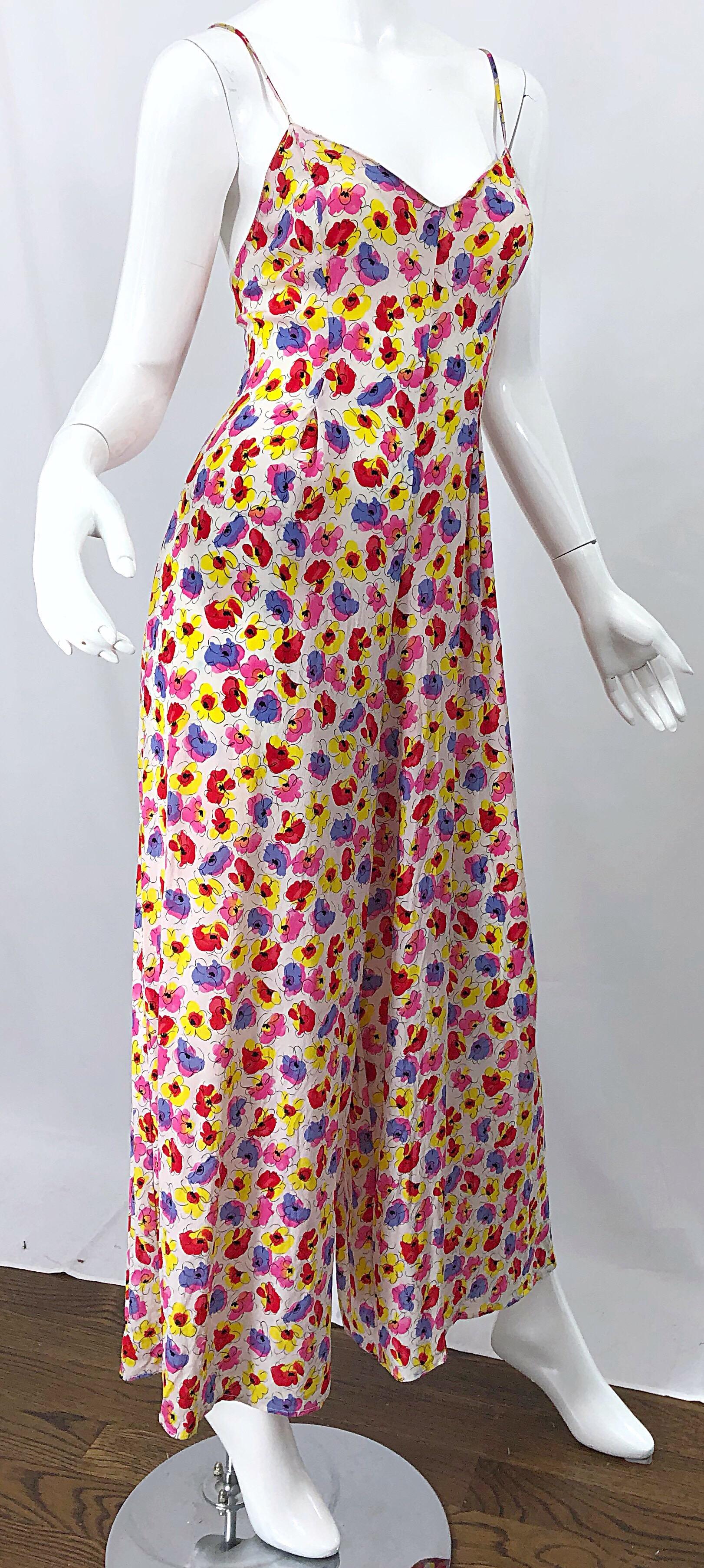 Beige 1990s French Designer Pink Purple Yellow Flower Poppy Print Wide Leg Jumpsuit For Sale