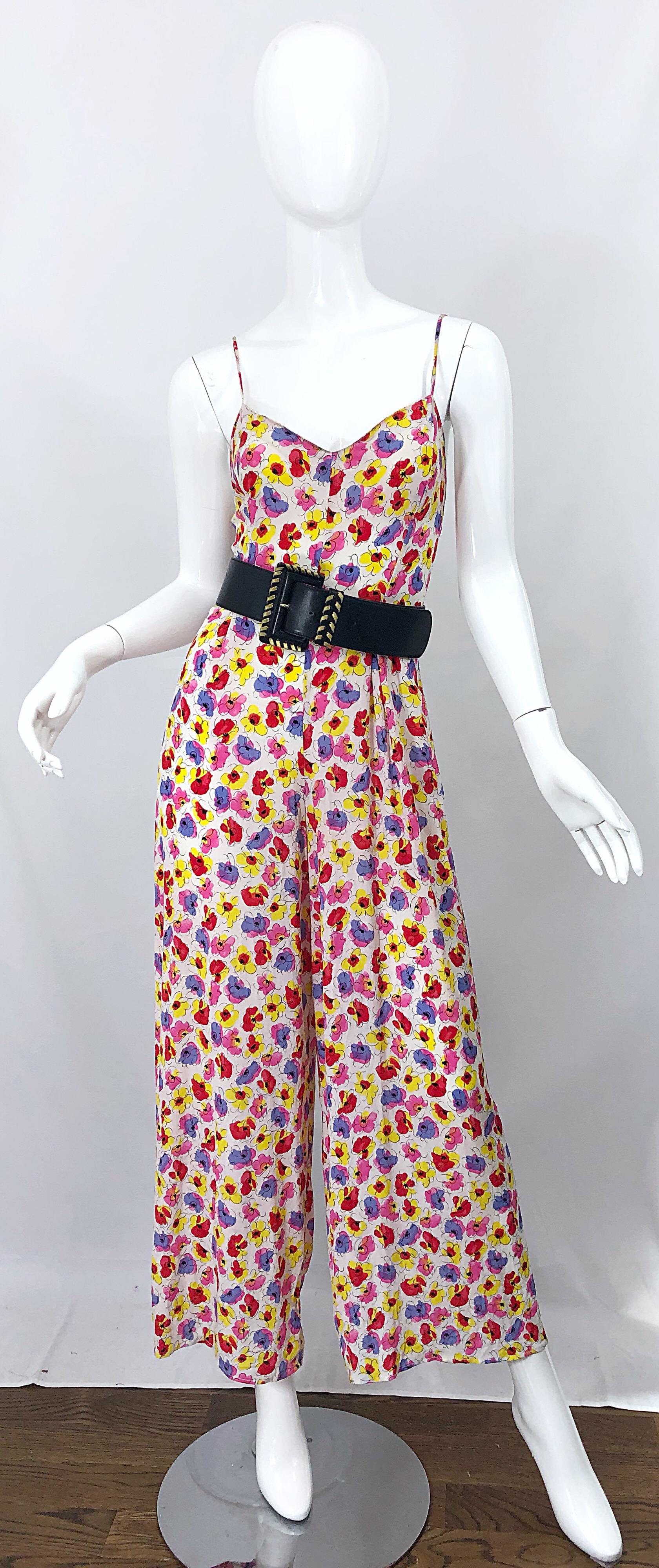 1990s French Designer Pink Purple Yellow Flower Poppy Print Wide Leg Jumpsuit In Excellent Condition For Sale In San Diego, CA