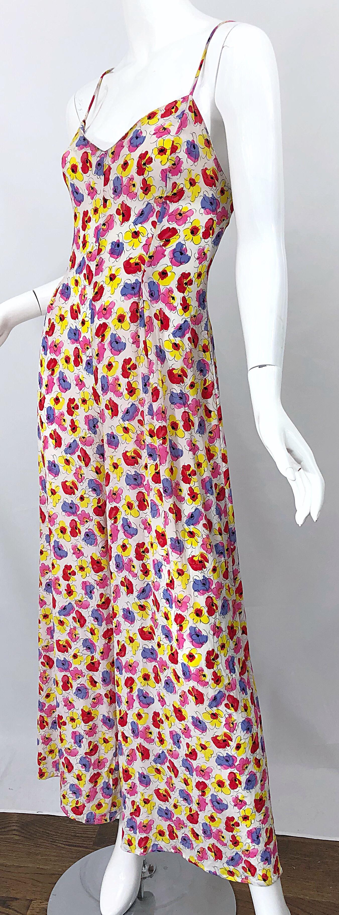 Women's 1990s French Designer Pink Purple Yellow Flower Poppy Print Wide Leg Jumpsuit For Sale
