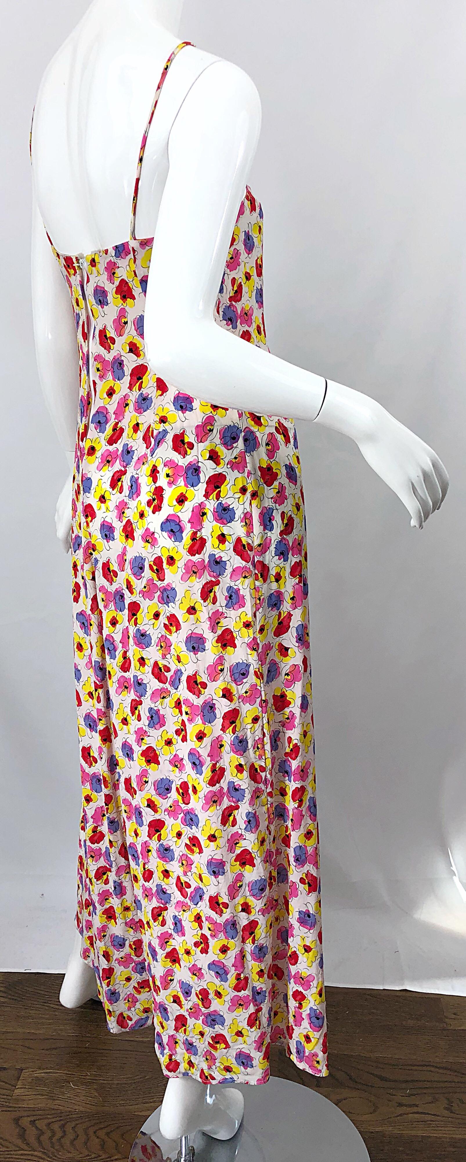 1990s French Designer Pink Purple Yellow Flower Poppy Print Wide Leg Jumpsuit For Sale 1