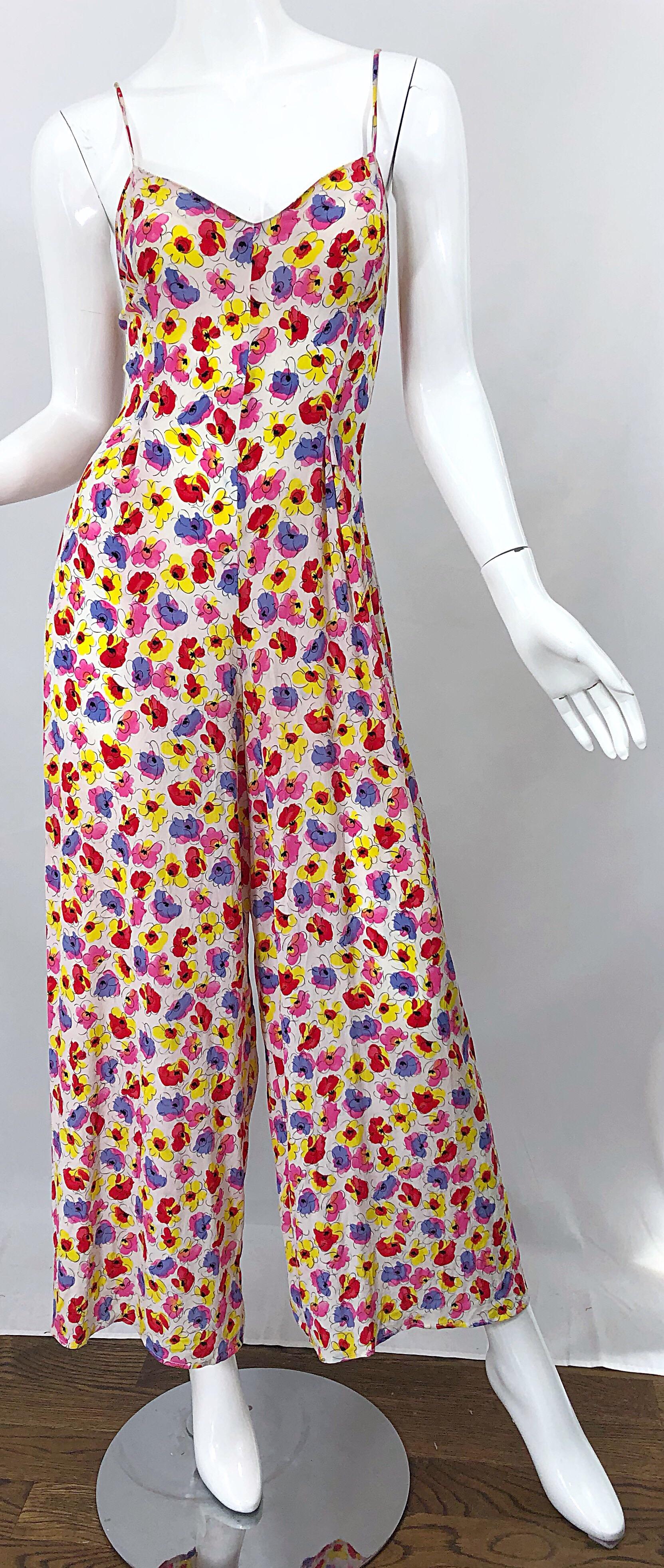 1990s French Designer Pink Purple Yellow Flower Poppy Print Wide Leg Jumpsuit For Sale 2