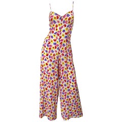 1990s French Designer Pink Purple Yellow Flower Poppy Print Wide Leg Jumpsuit