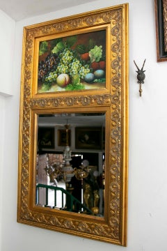 1990s French Gilded Trumeau Mirror with Still Life of Fruit