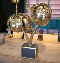 1990s French Gilt Bronze Palm Tree Shaped Table Lamp w/ Square Base