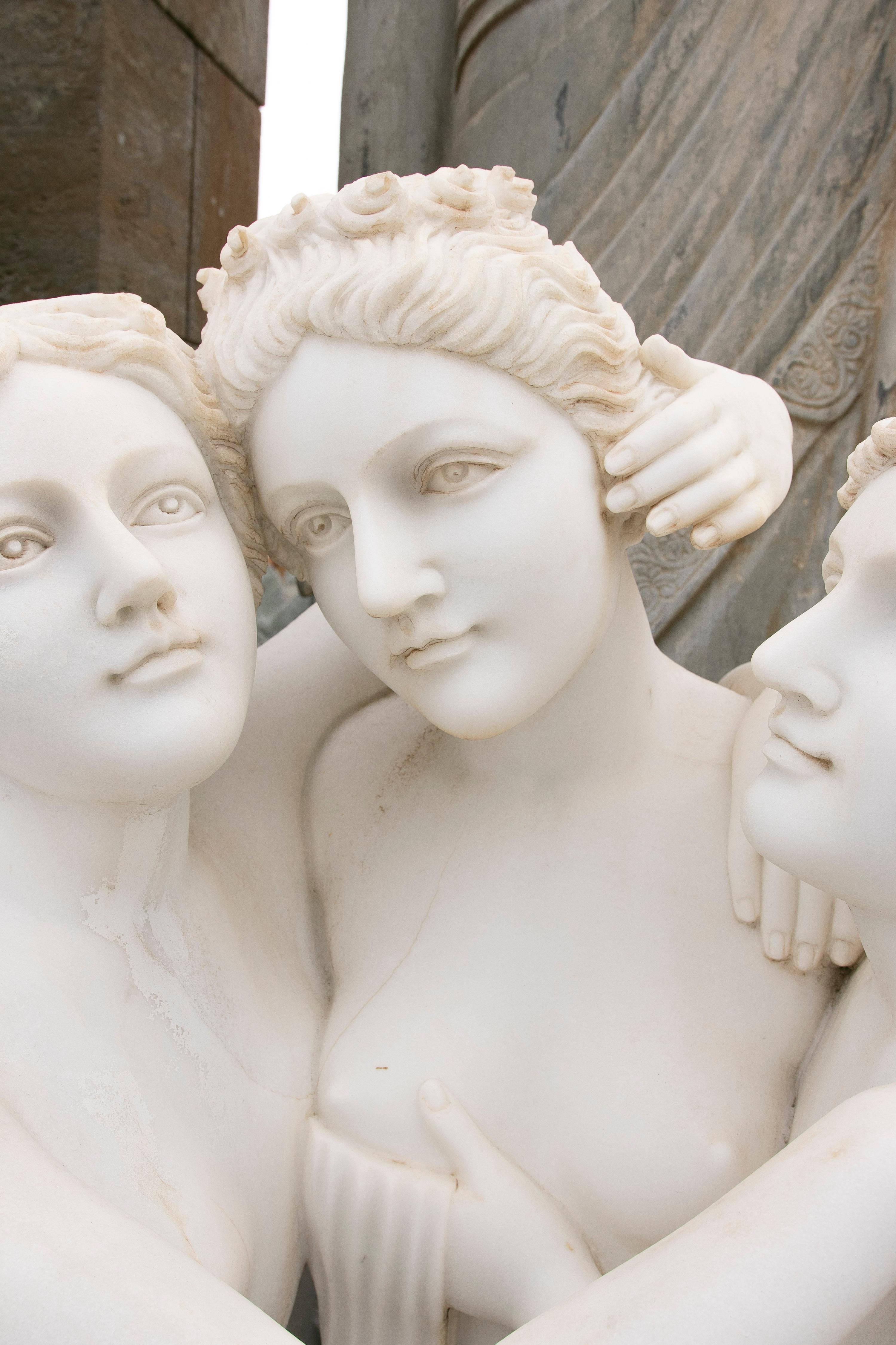 20th Century 1990s French Hand Carved Three Graces in Carrara White Marble