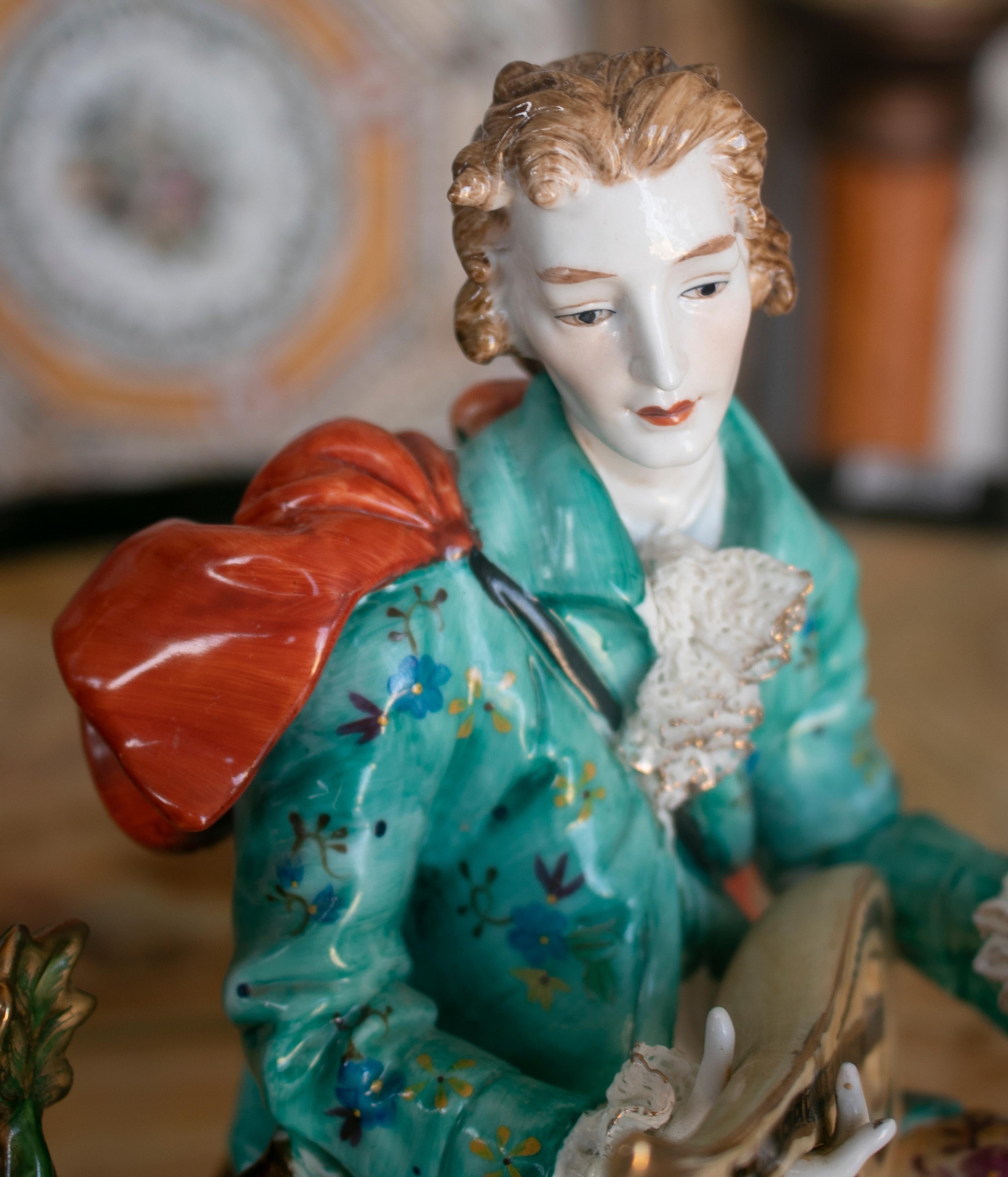 Porcelain 1990s French Hand Painted Man Figure Sculpture For Sale
